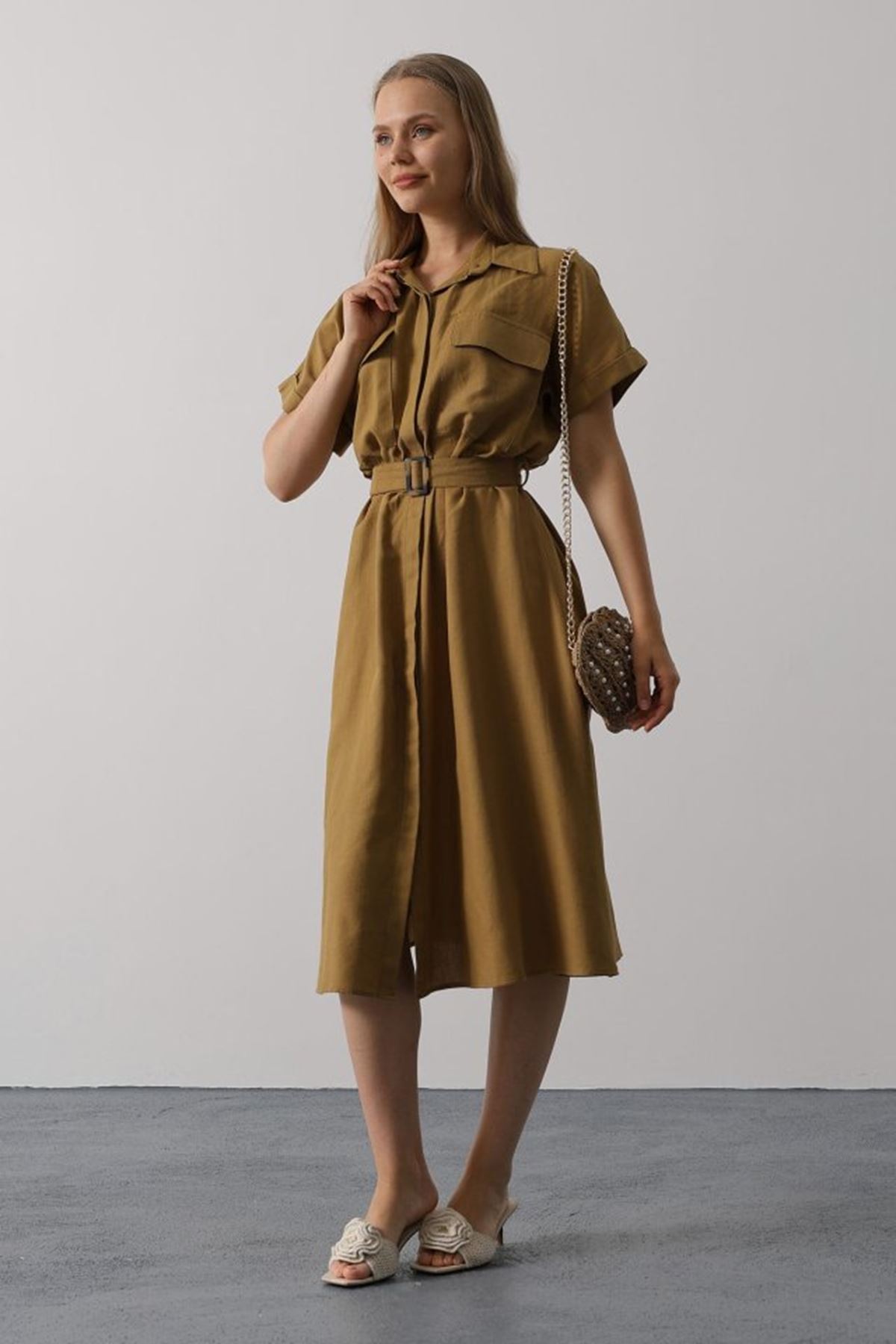 Kuşaklı Cep Detaylı Yarım Kol Elbise - Yağ Yeşili