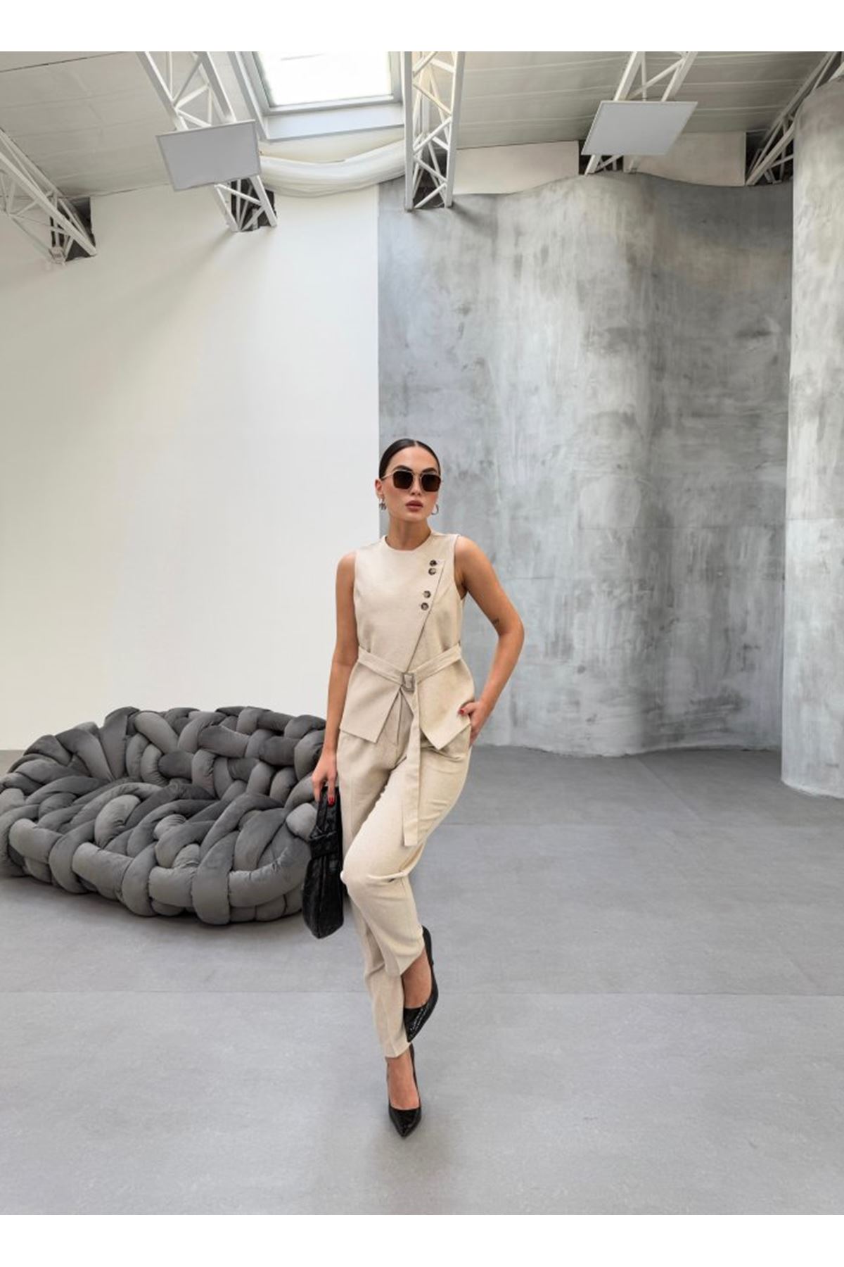 Ti̇na Asi̇metri̇k Keten Yelek Pantolon Takim