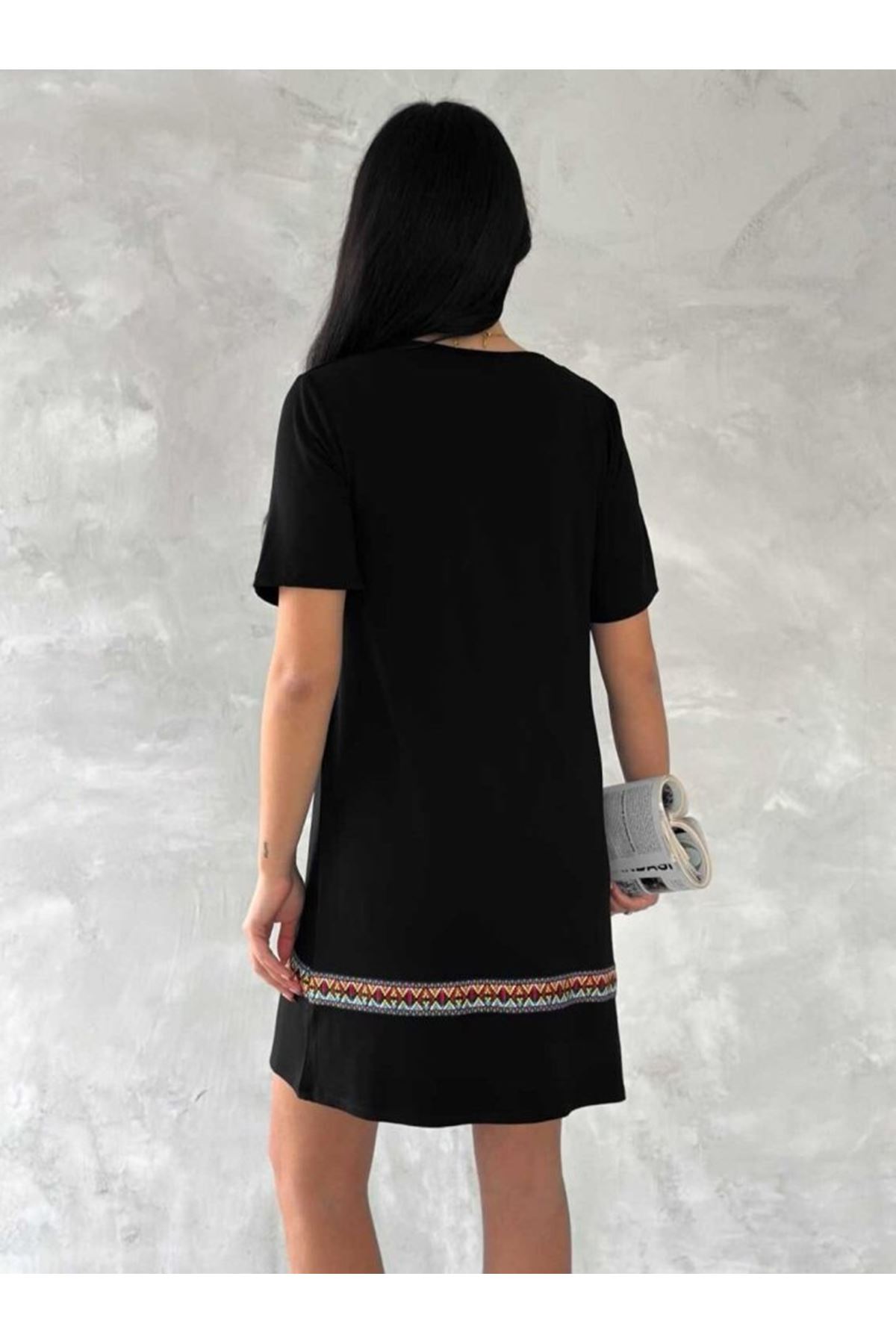 Kadın Kısa Kollu V Yakalı Etnik Desen şerit Detaylı Viskon Elbise