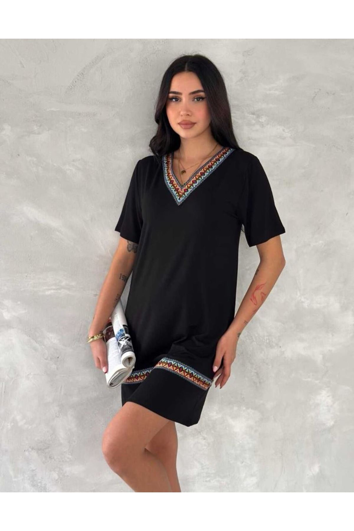Kadın Kısa Kollu V Yakalı Etnik Desen şerit Detaylı Viskon Elbise