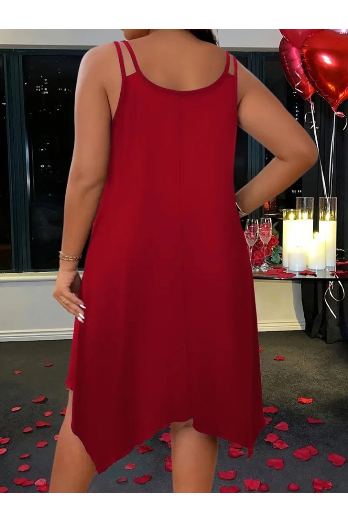 Kadın Askılı Yuvarlak Asimetrik Kesim Detaylı Viskon Elbise