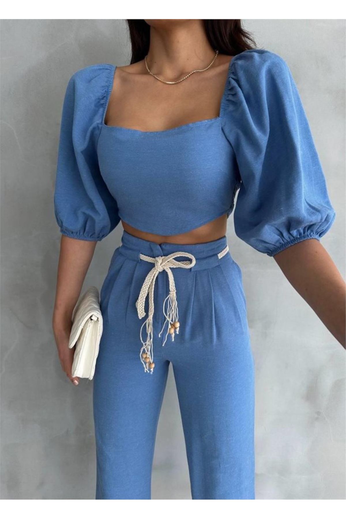 KETEN CROP KARPUZ KOL BLUZ-PANTOLON HASIR KEMERLİ - Mavi