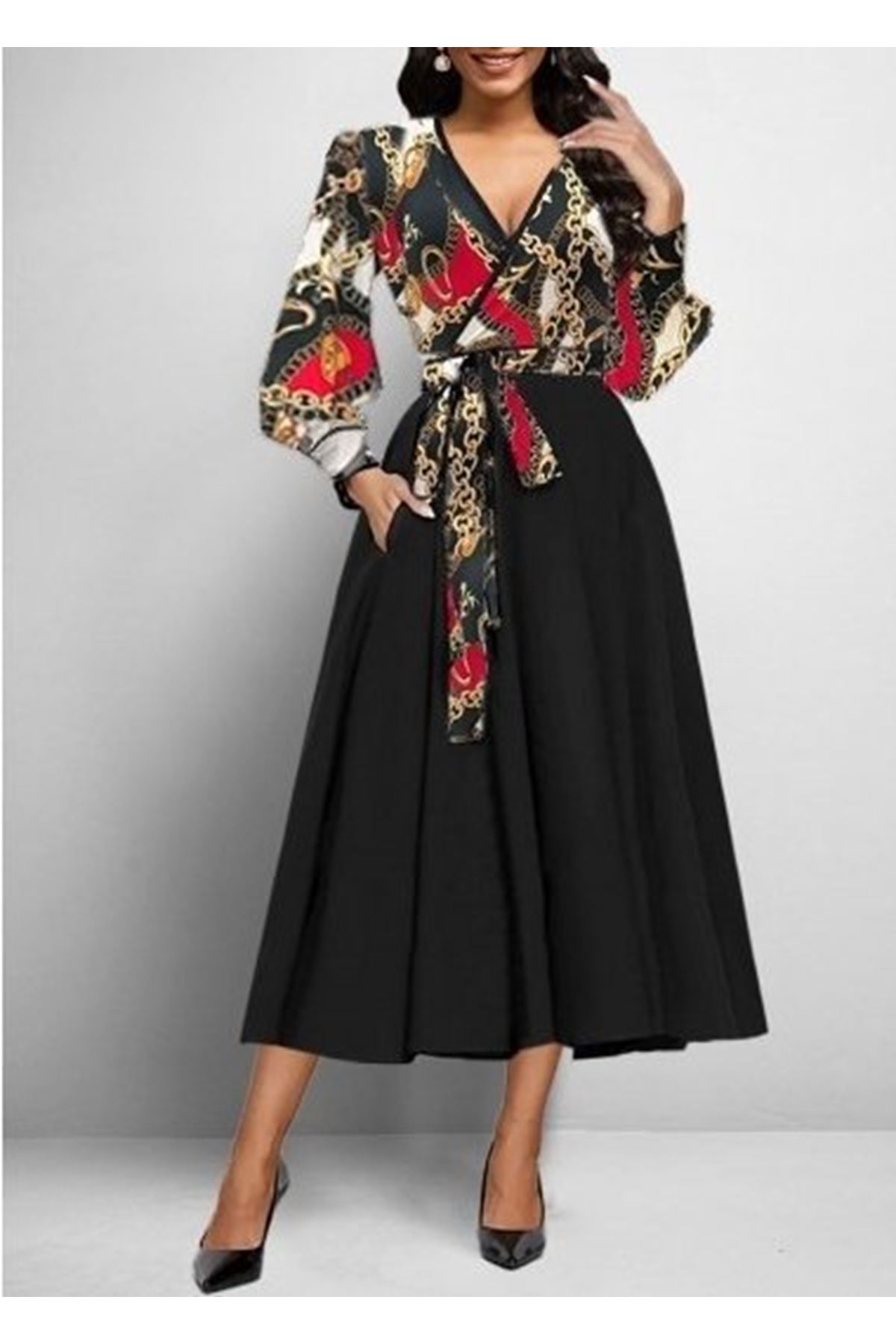 Kadın Uzun Kollu Kruvaze Yaka Dalgıç Krep Midi Boy Elbise