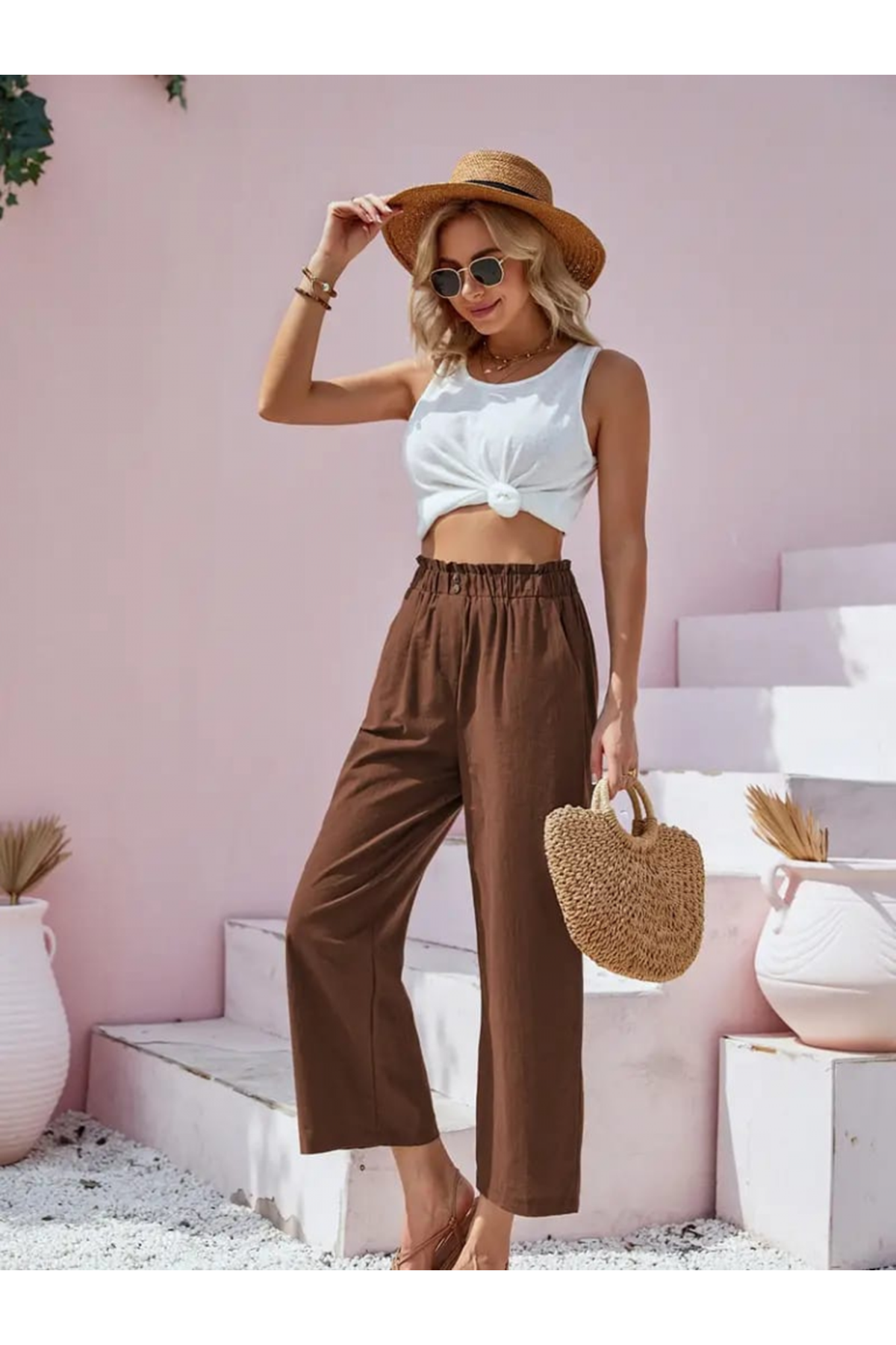 Kadın Bel Büzgü Ve Düğme Detay Kısa Geniş Paça Keten Pantolon