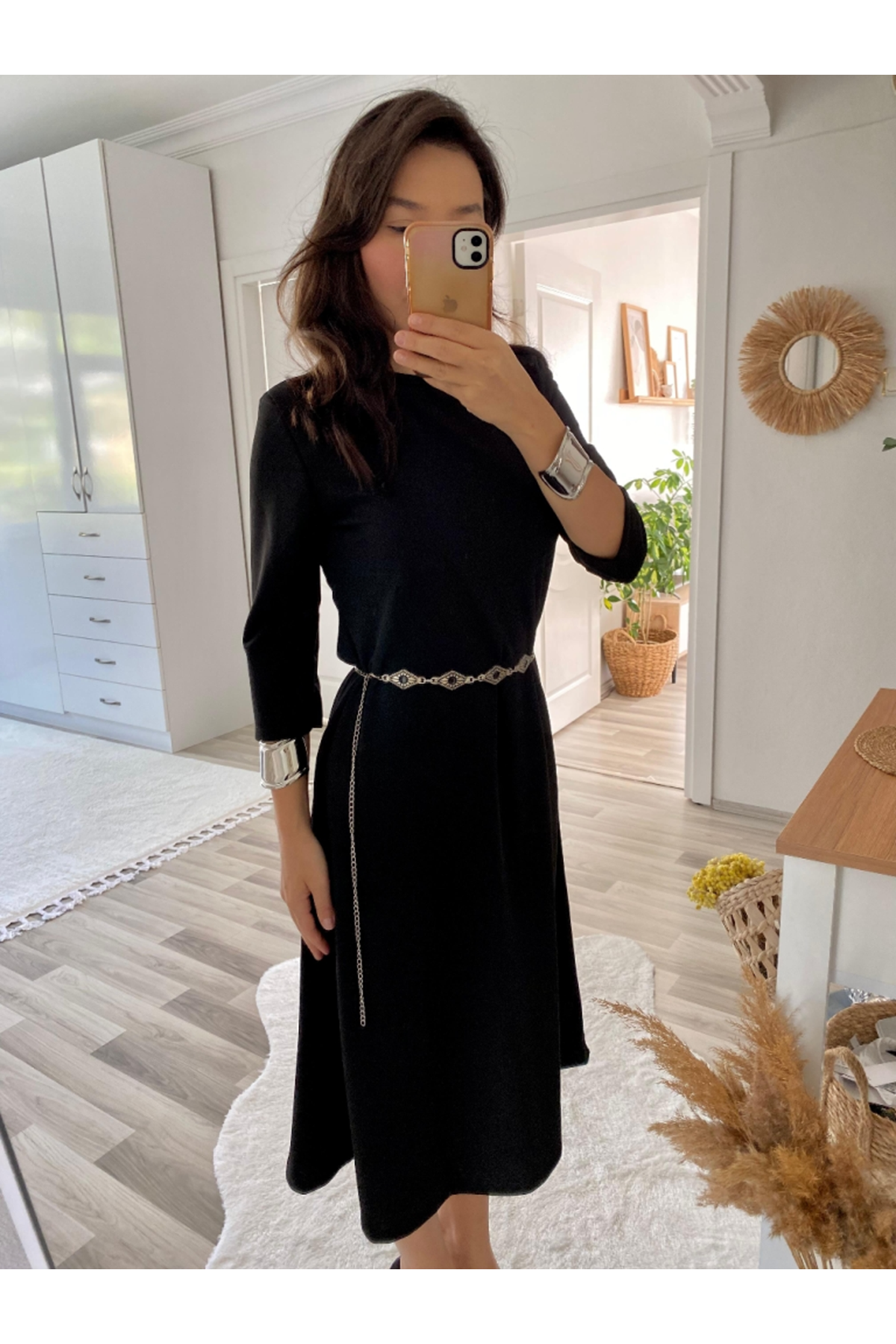 Kadın Uzun Truvakar Kol Bisiklet Yaka Midi Modal Elbise