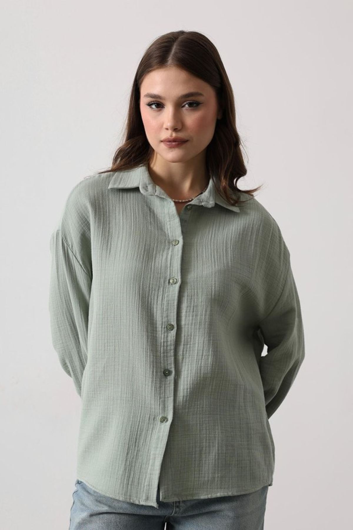Müslin Uzun Kol Gömlek - Haki