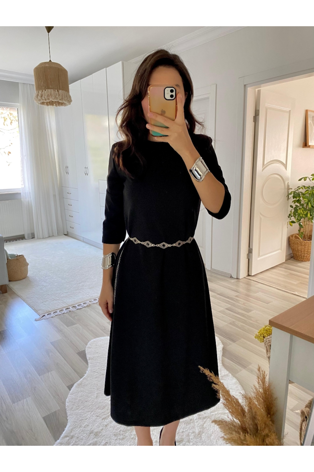 Kadın Uzun Truvakar Kol Bisiklet Yaka Midi Modal Elbise