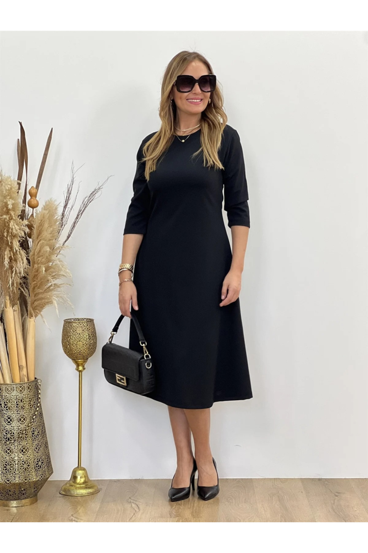 Kadın Uzun Truvakar Kol Bisiklet Yaka Midi Modal Elbise