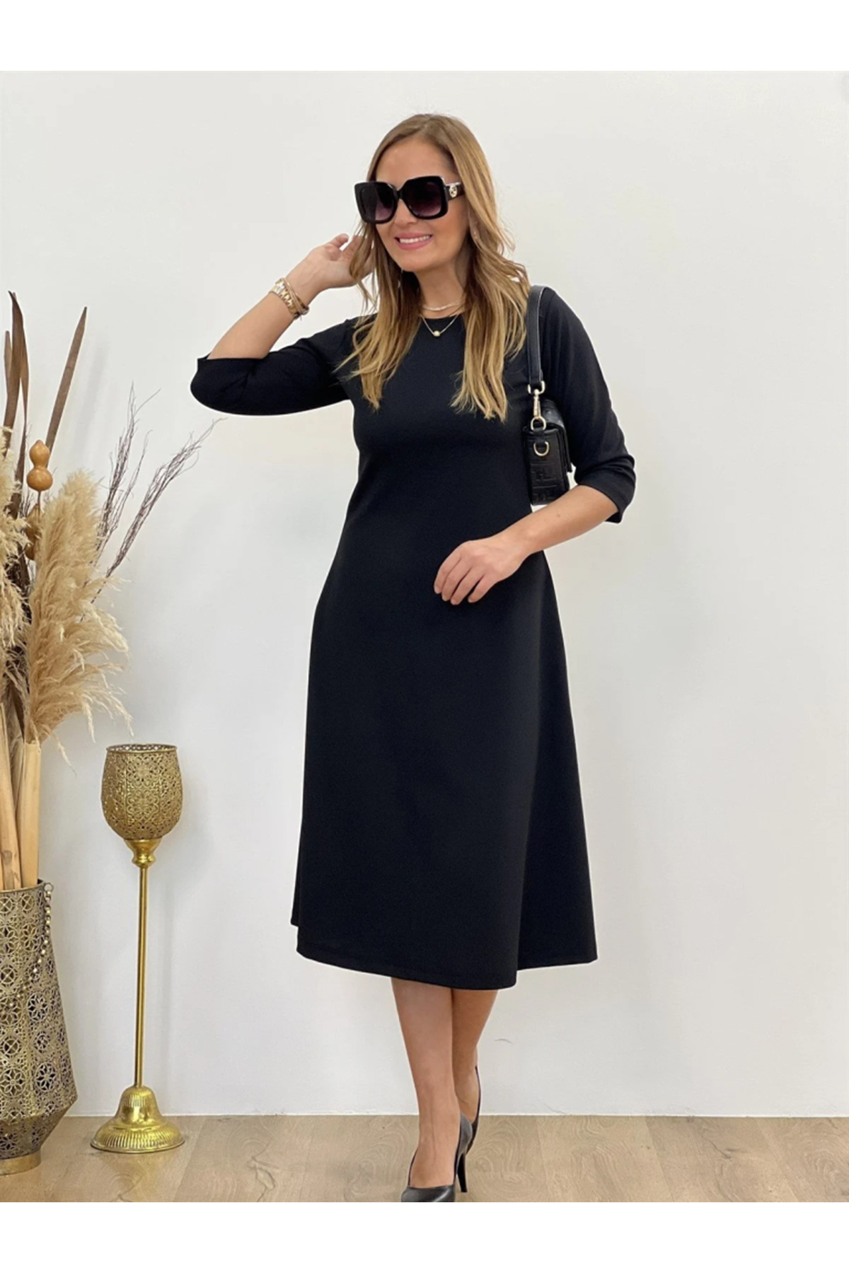 Kadın Uzun Truvakar Kol Bisiklet Yaka Midi Modal Elbise