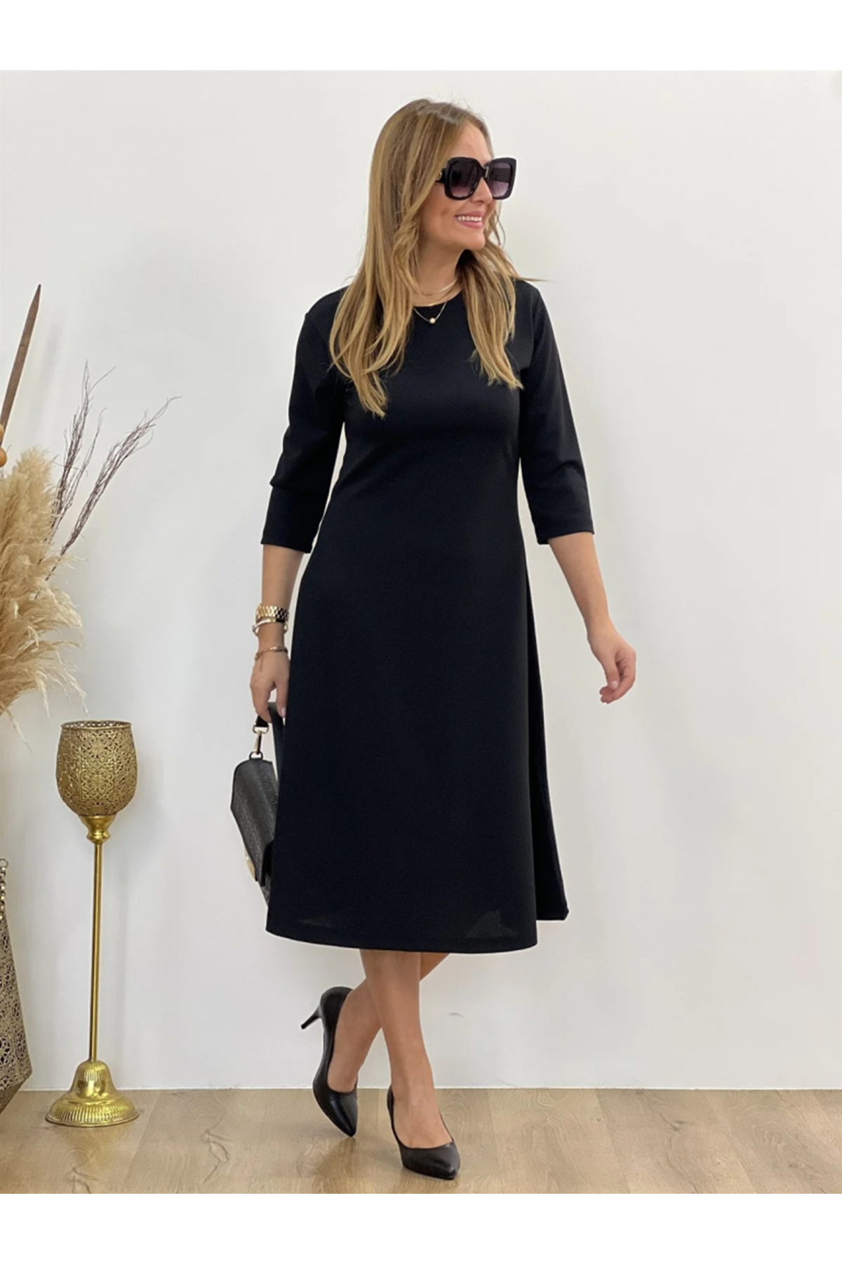 Kadın Uzun Truvakar Kol Bisiklet Yaka Midi Modal Elbise