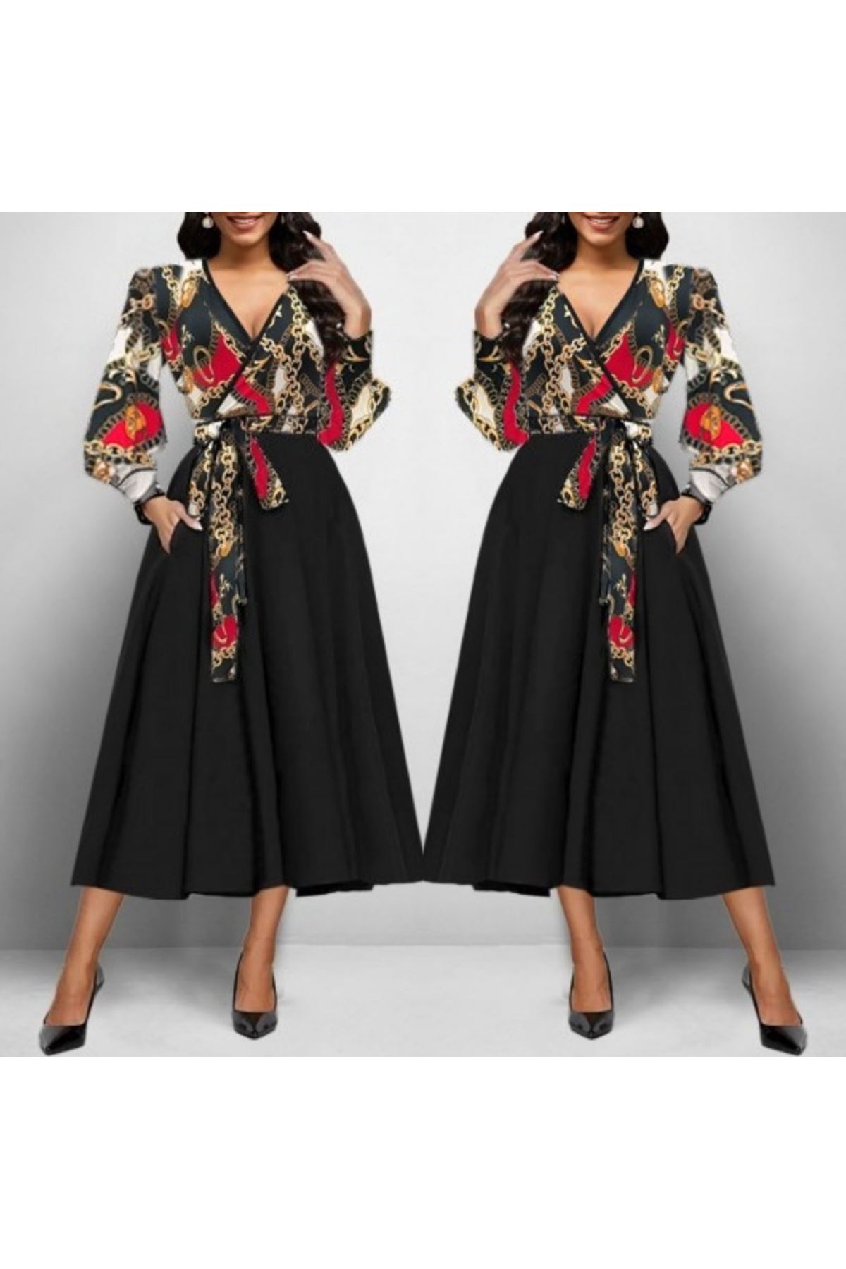 Kadın Uzun Kollu Kruvaze Yaka Dalgıç Krep Midi Boy Elbise