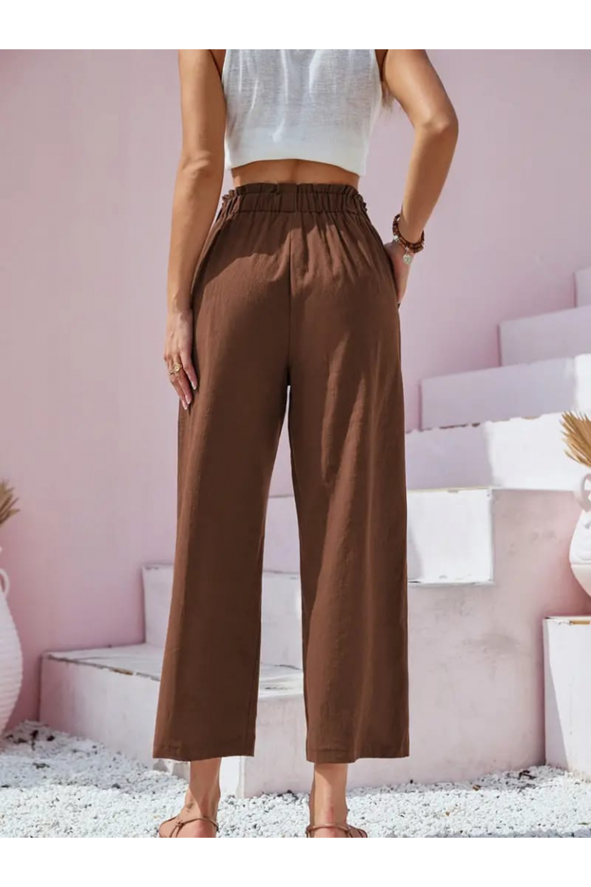Kadın Bel Büzgü Ve Düğme Detay Kısa Geniş Paça Keten Pantolon