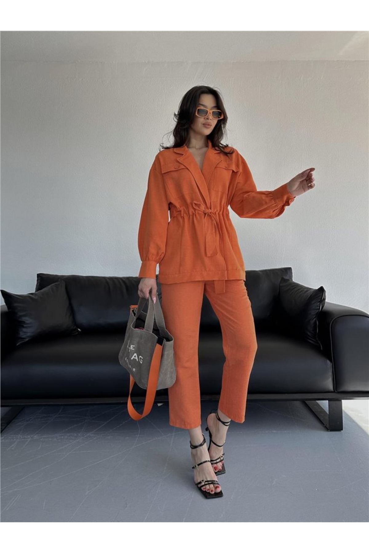 BEL BÜZGÜ DETAYLI PANTOLON - CEKET TAKIM KETEN - Turuncu