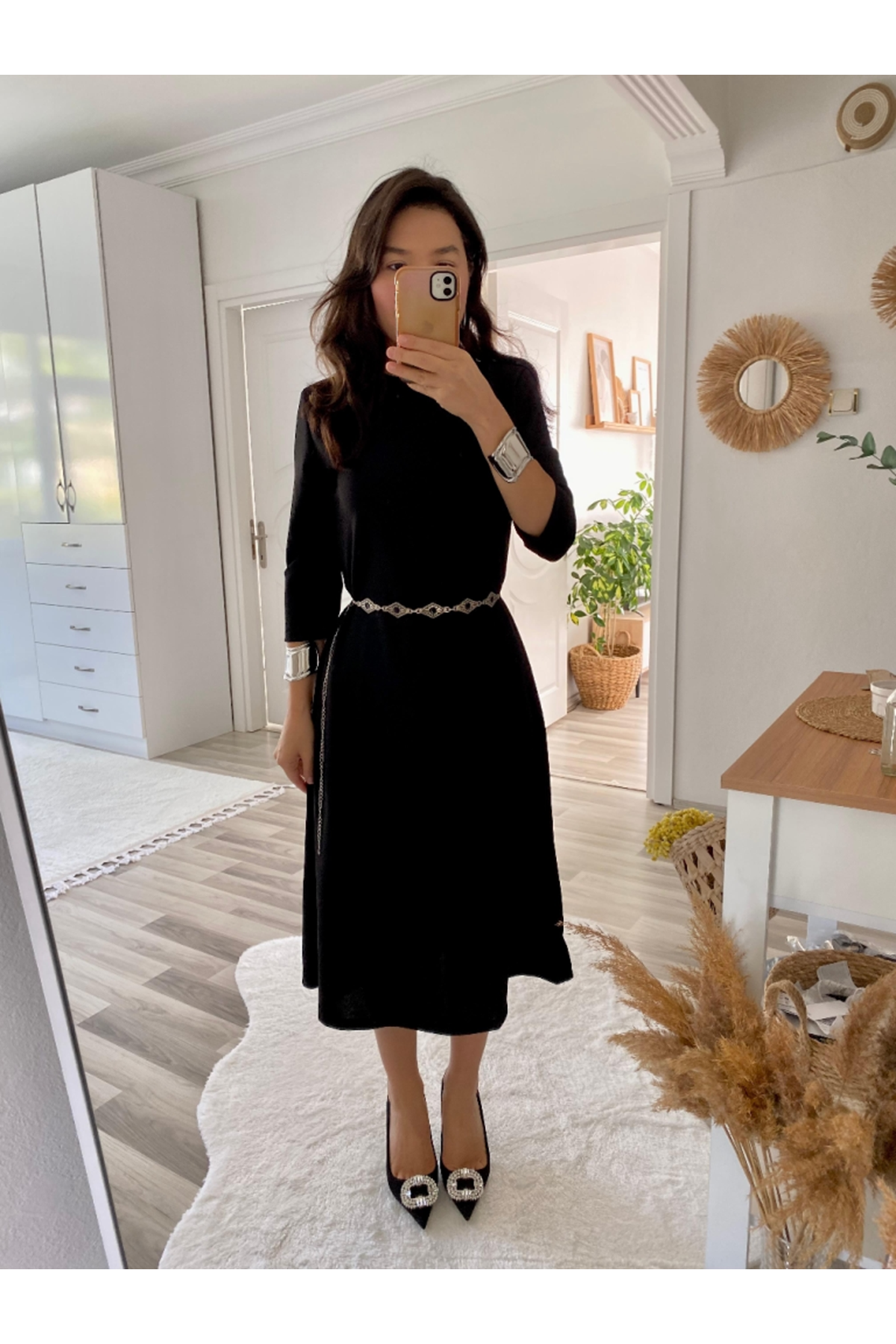 Kadın Uzun Truvakar Kol Bisiklet Yaka Midi Modal Elbise