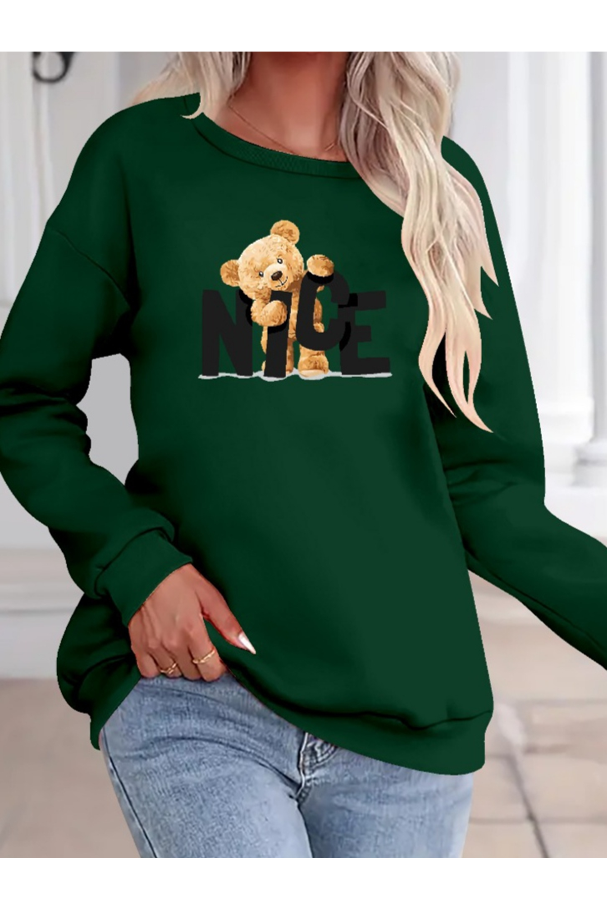 Kadın Uzun Kollu Bisiklet Yaka Viskon Iki Iplik Bluz