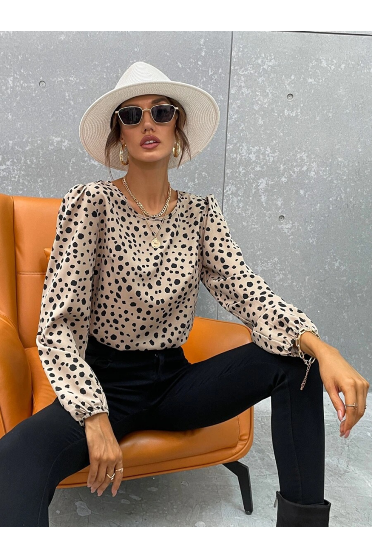 Kadın Uzun Kollu Bisiklet Yaka Desenli Bluz