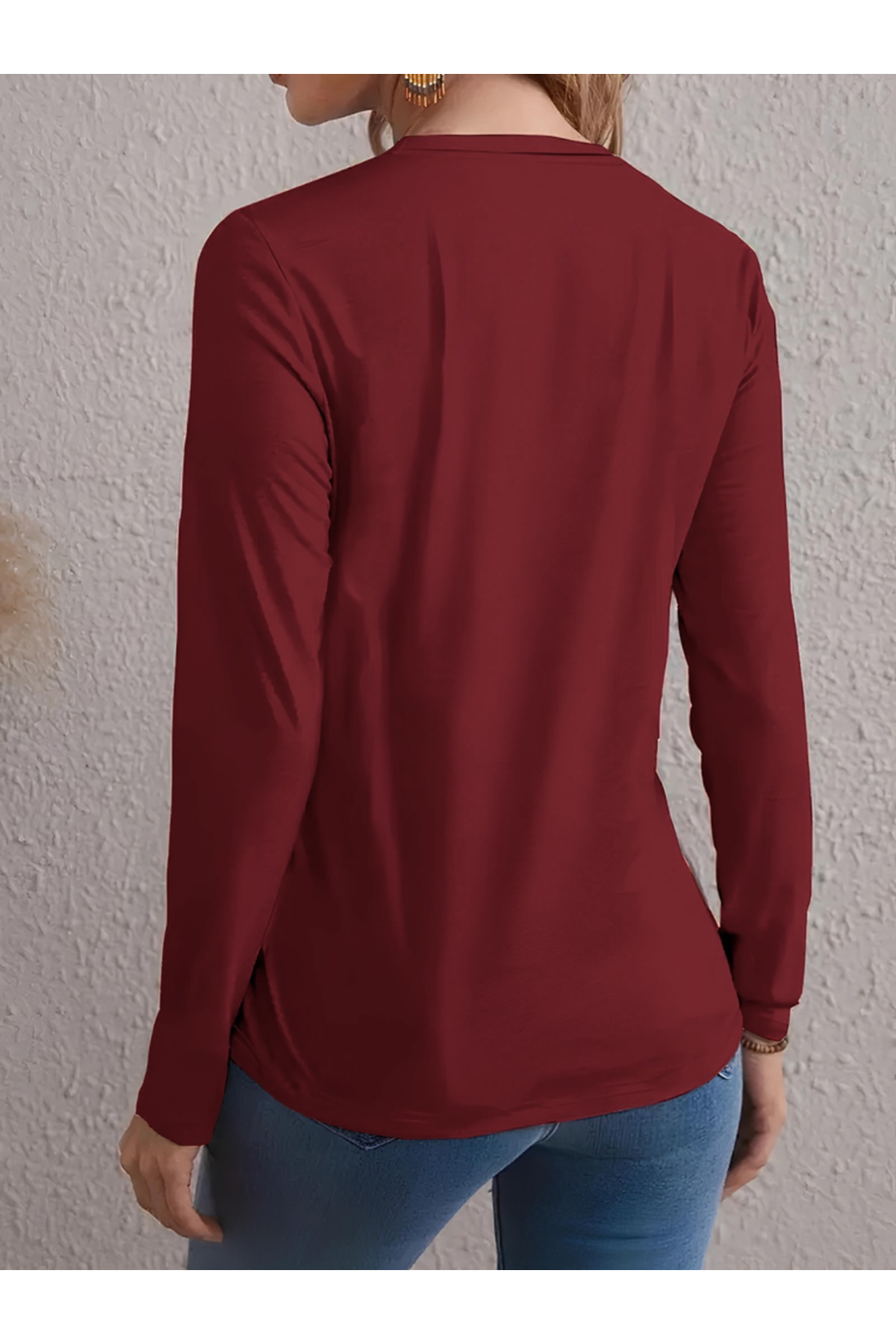 Kadın Uzun Kollu Bisiklet Yaka Desenli Viskon Bluz