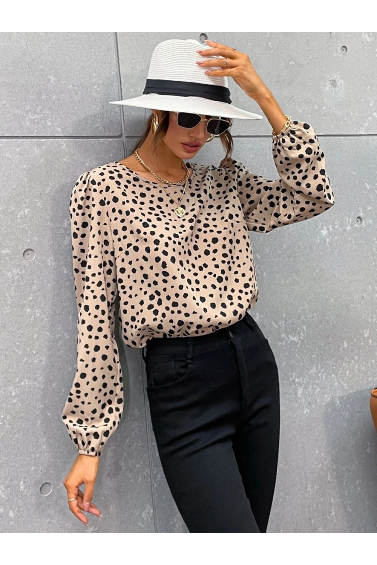 Kadın Uzun Kollu Bisiklet Yaka Desenli Bluz