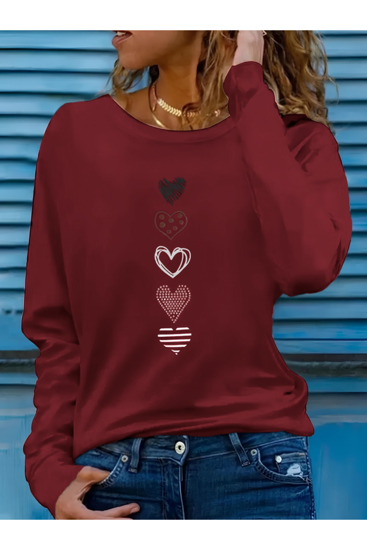 Kadın Uzun Kollu Bisiklet Yaka Desenli Viskon Bluz