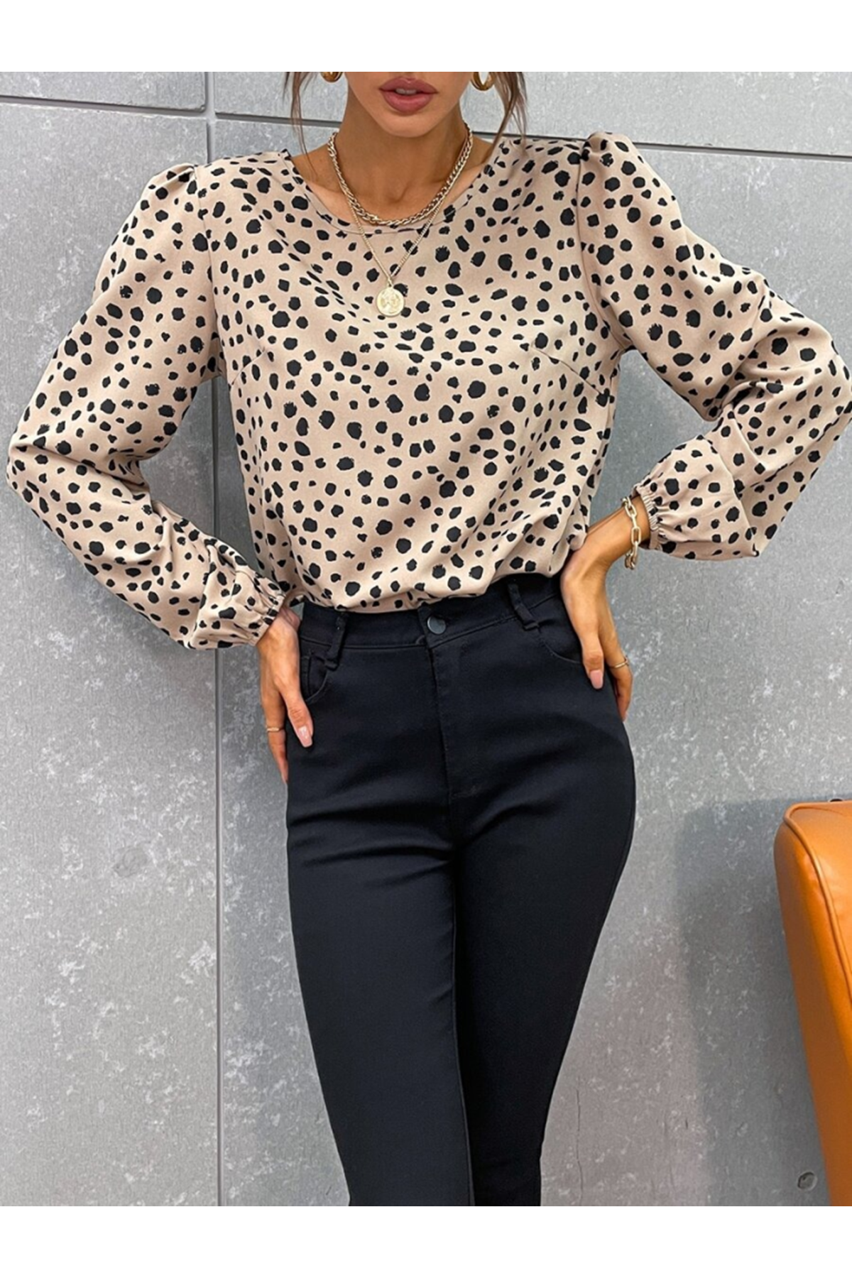 Kadın Uzun Kollu Bisiklet Yaka Desenli Bluz