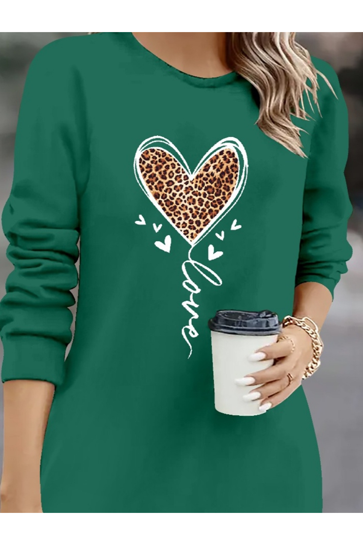 Kadın Uzun Kollu Bisiklet Yaka Kalp Desenli Kısa Viskon Elbise