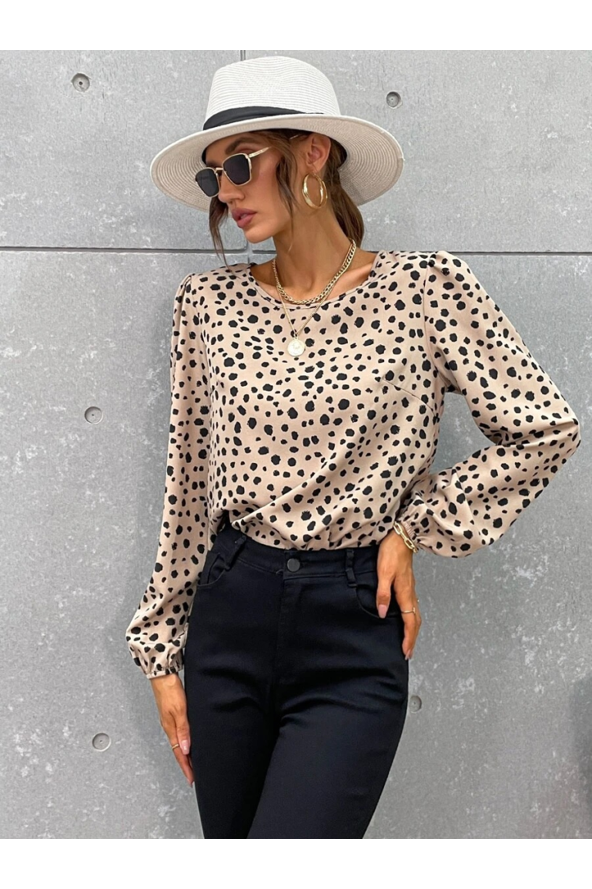 Kadın Uzun Kollu Bisiklet Yaka Desenli Bluz