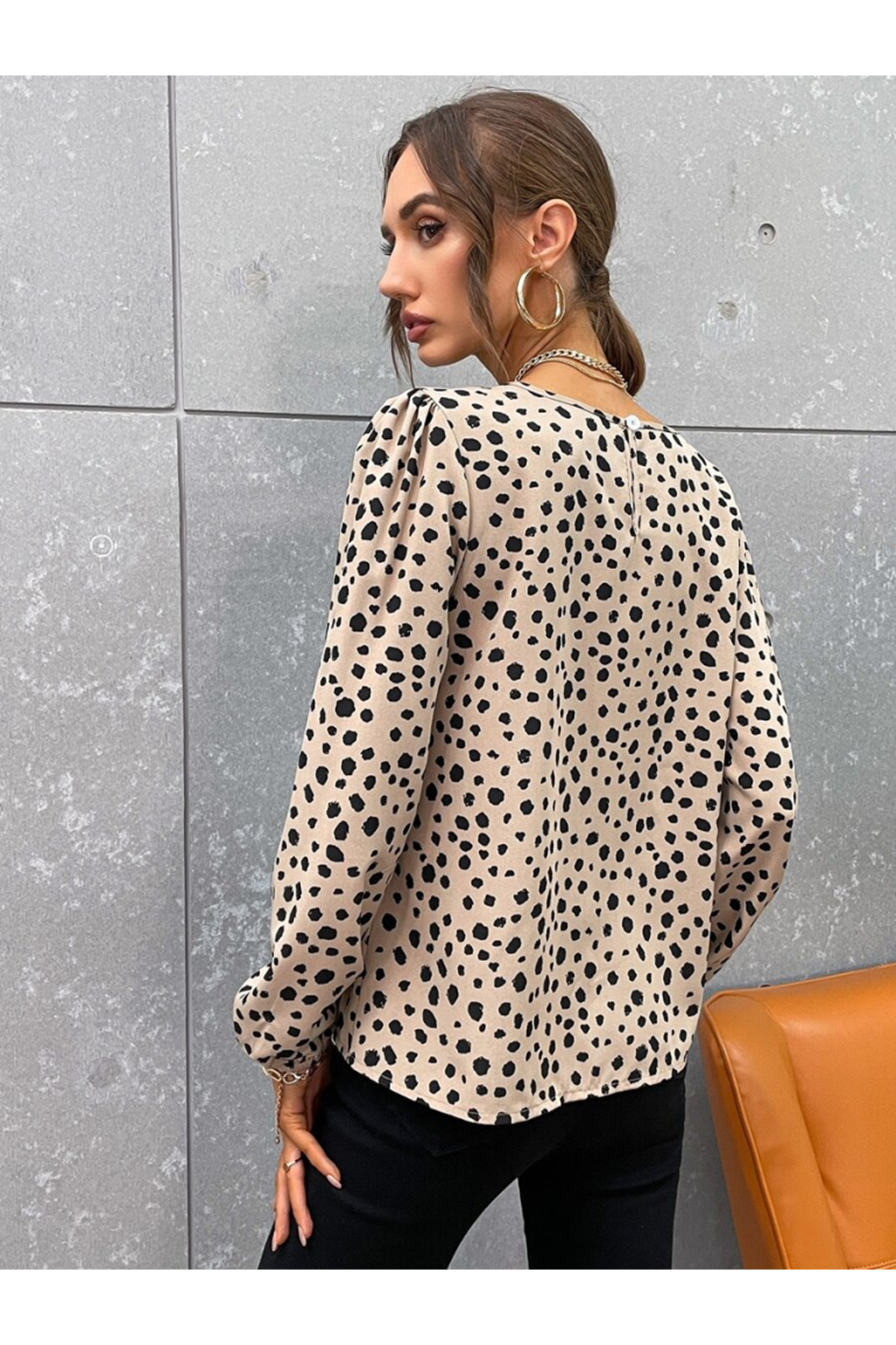 Kadın Uzun Kollu Bisiklet Yaka Desenli Bluz