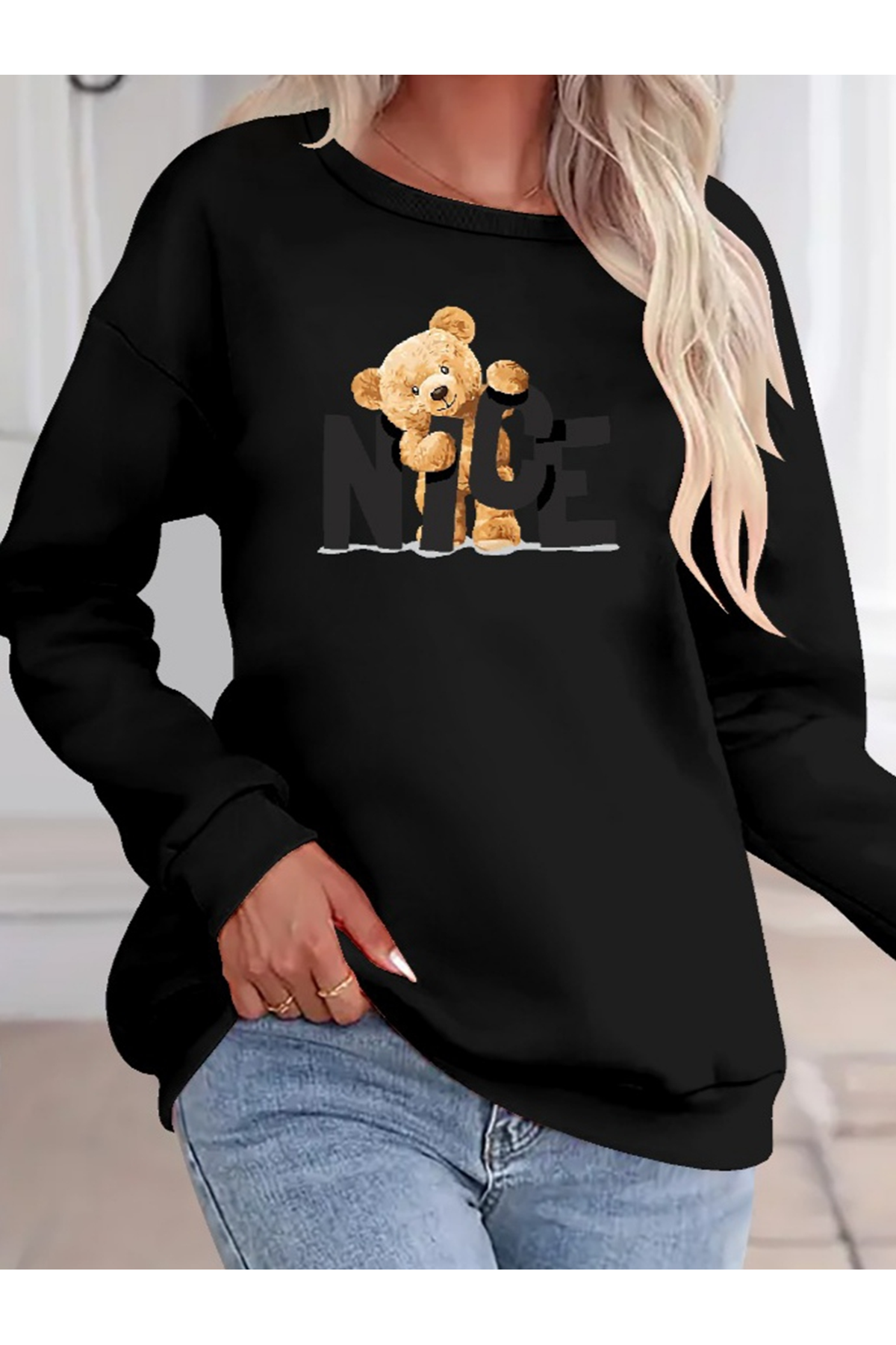 Kadın Uzun Kollu Bisiklet Yaka Viskon Iki Iplik Bluz