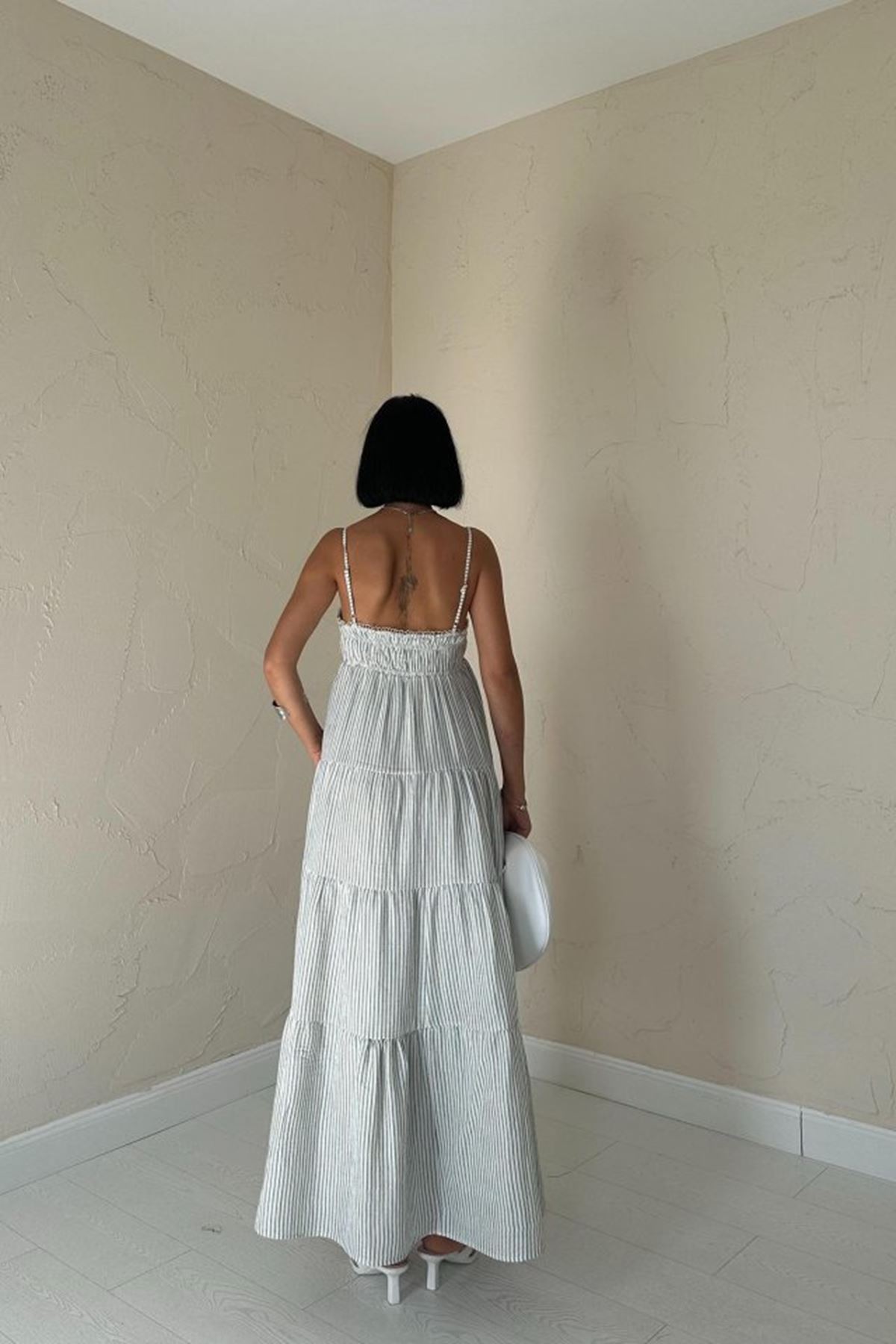 Mavi Askılı Parçalı Çizgili Müslin Elbise