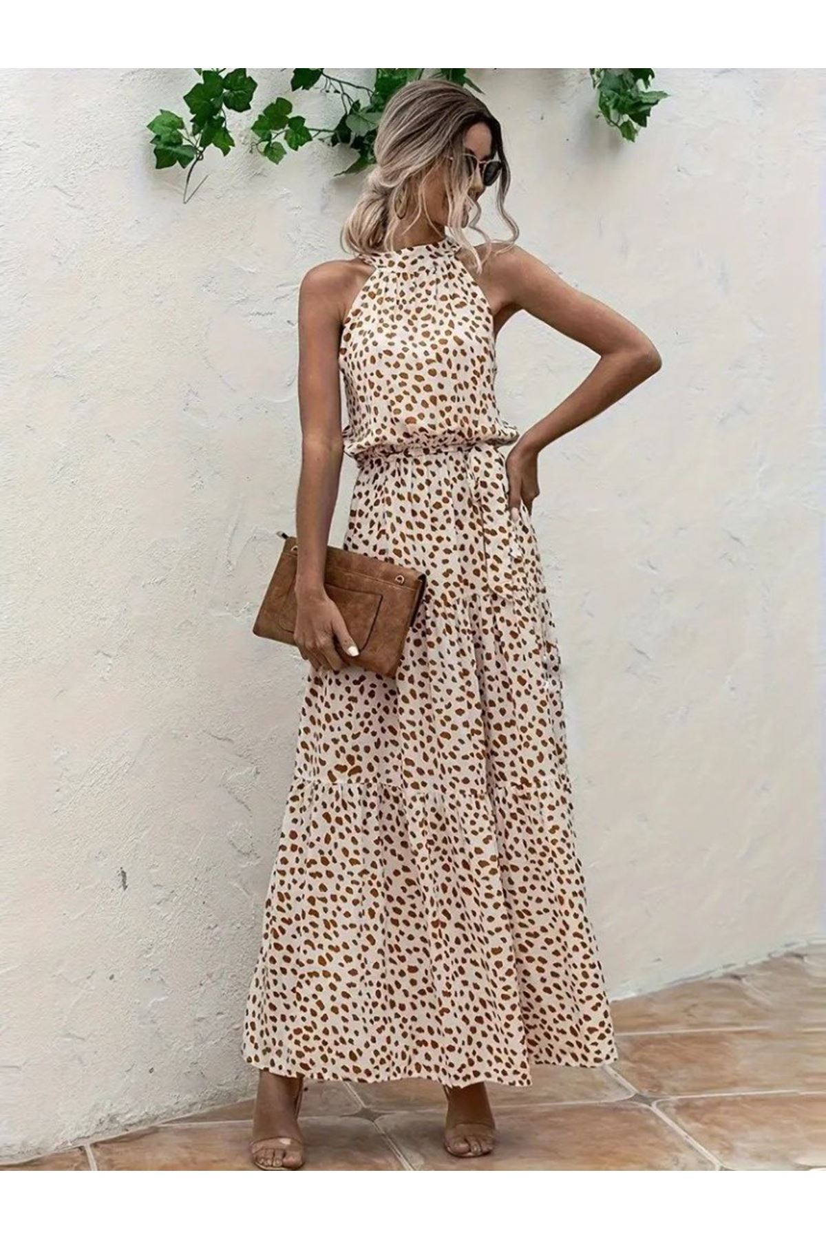 Kadın Daire Yakalı Beli Lastikli Desenli Süprem Elbise