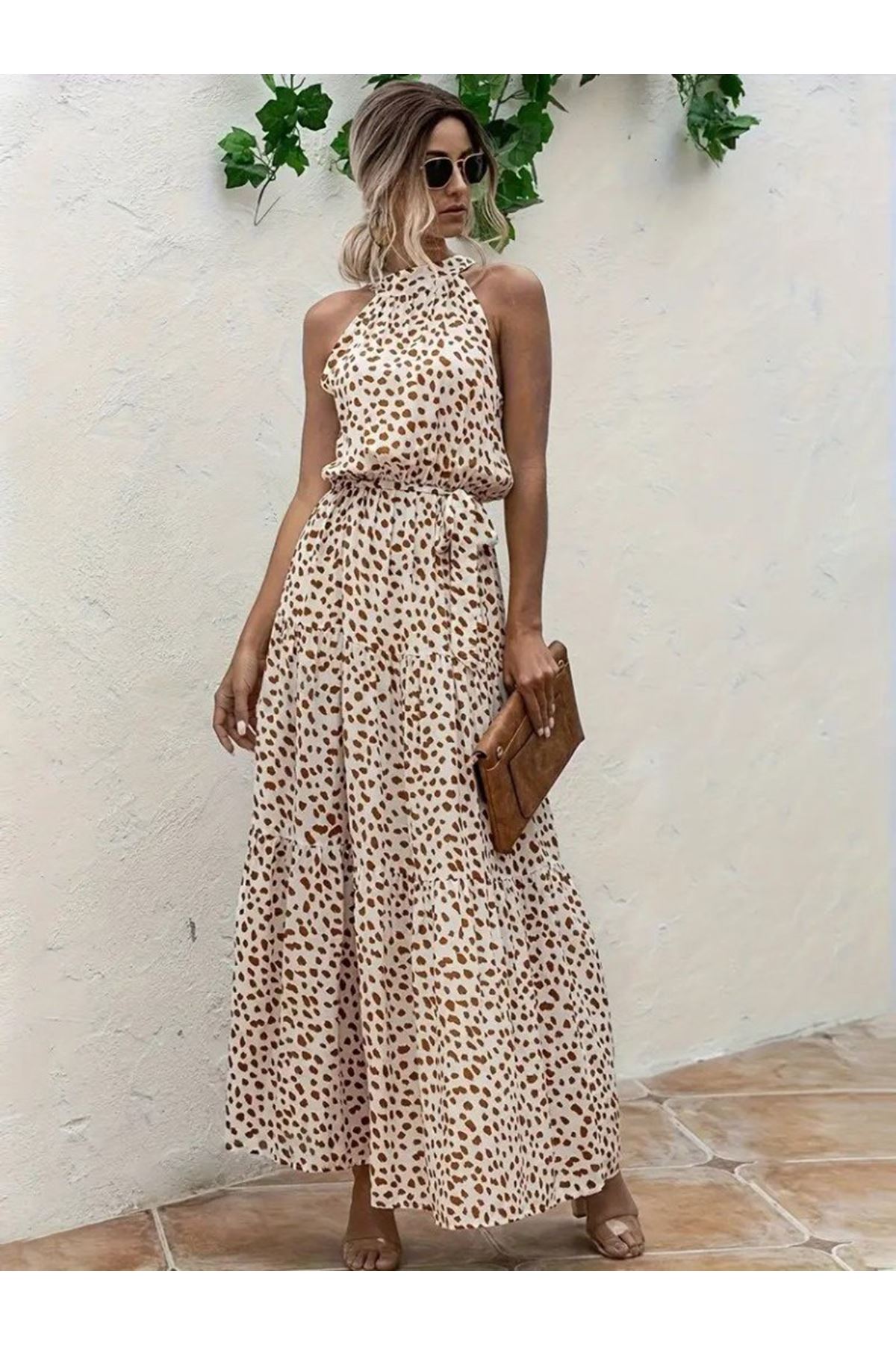 Kadın Daire Yakalı Beli Lastikli Desenli Süprem Elbise