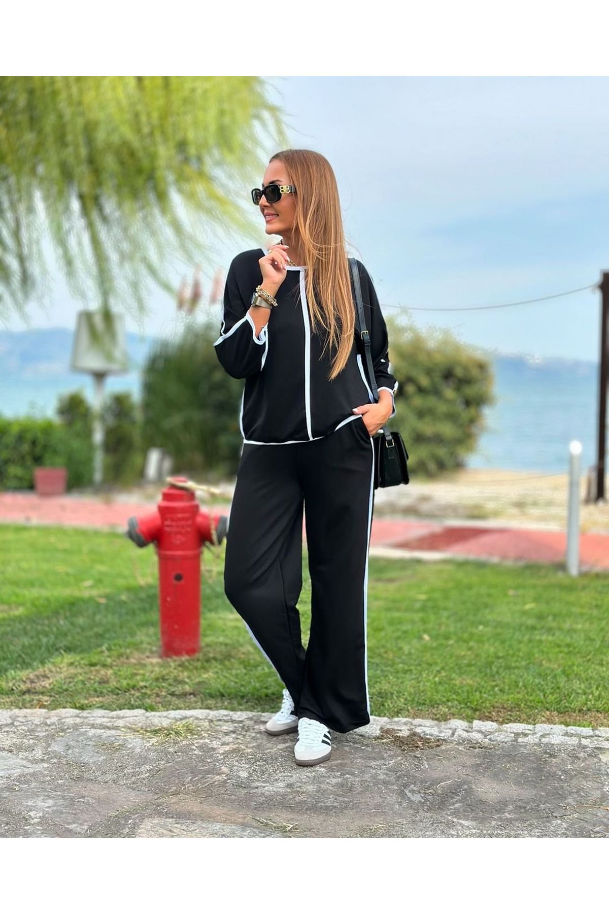 Kadın Bisiklet Yaka Truvakar Kol Biye Detay Bluz Ve Yüksek Bel Lastikli Pantolon Ikili Takım