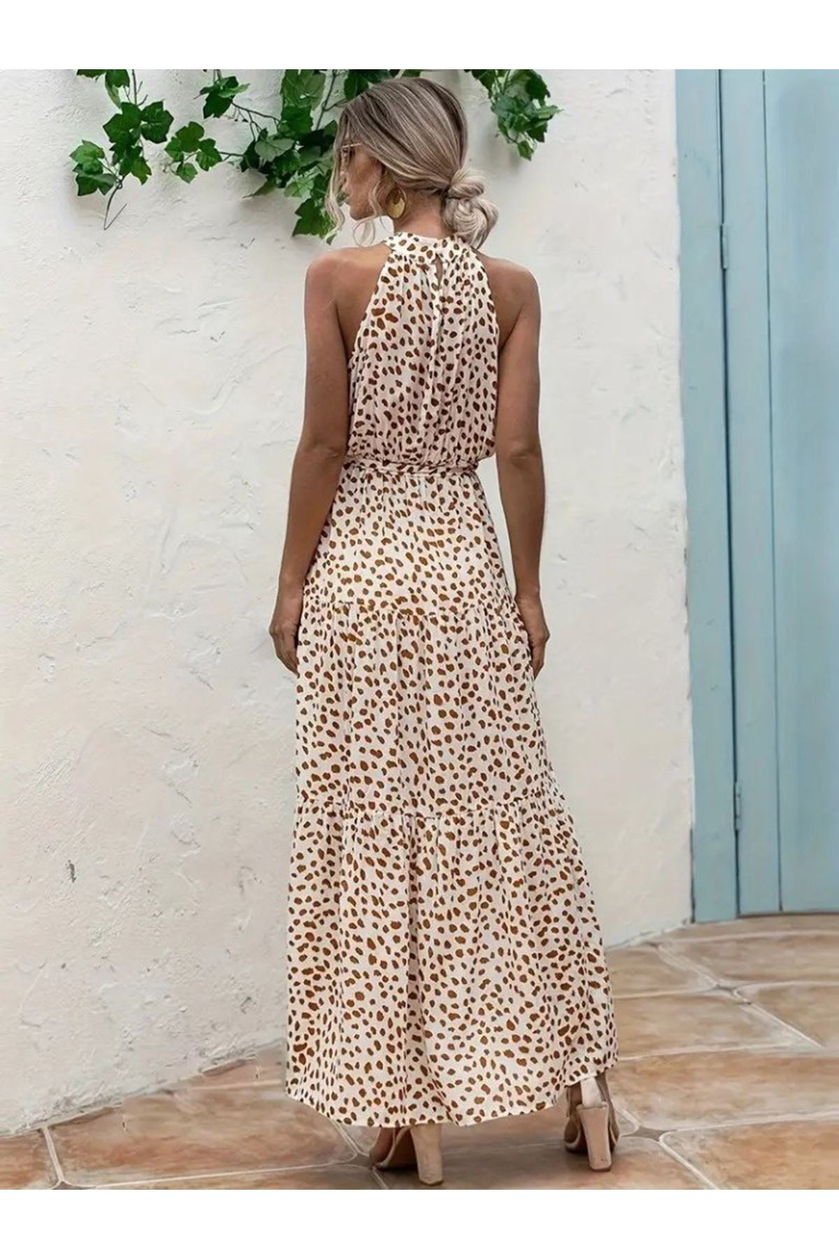 Kadın Daire Yakalı Beli Lastikli Desenli Süprem Elbise