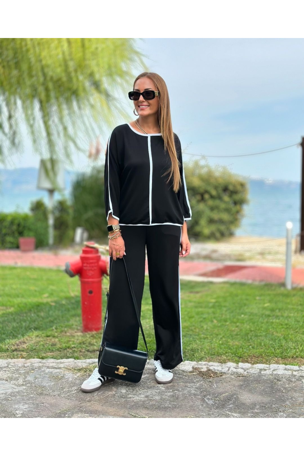 Kadın Bisiklet Yaka Truvakar Kol Biye Detay Bluz Ve Yüksek Bel Lastikli Pantolon Ikili Takım