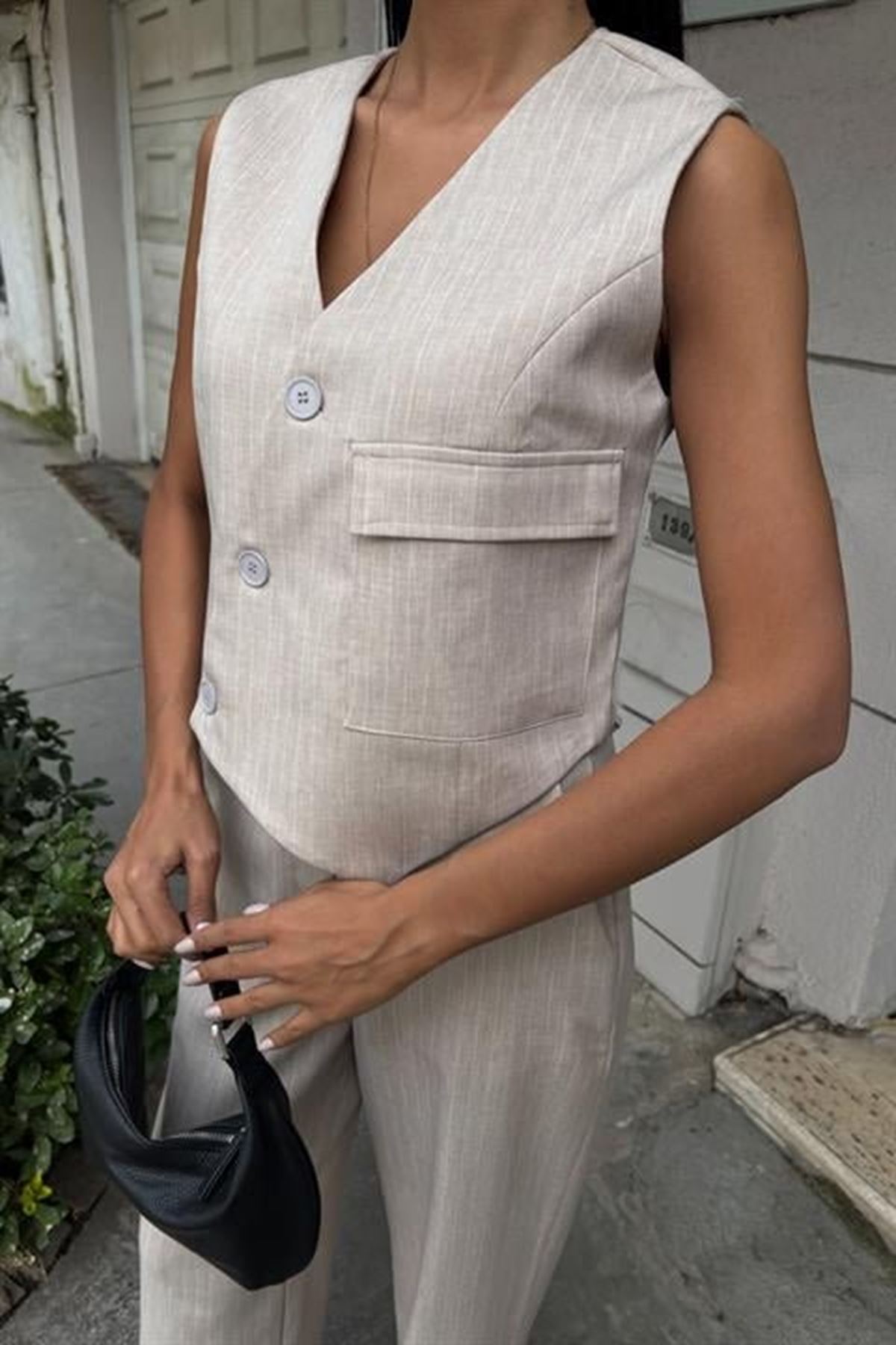 Yeleği Çapraz Detay Düğmeli Cepli Yelekli Takım 10150