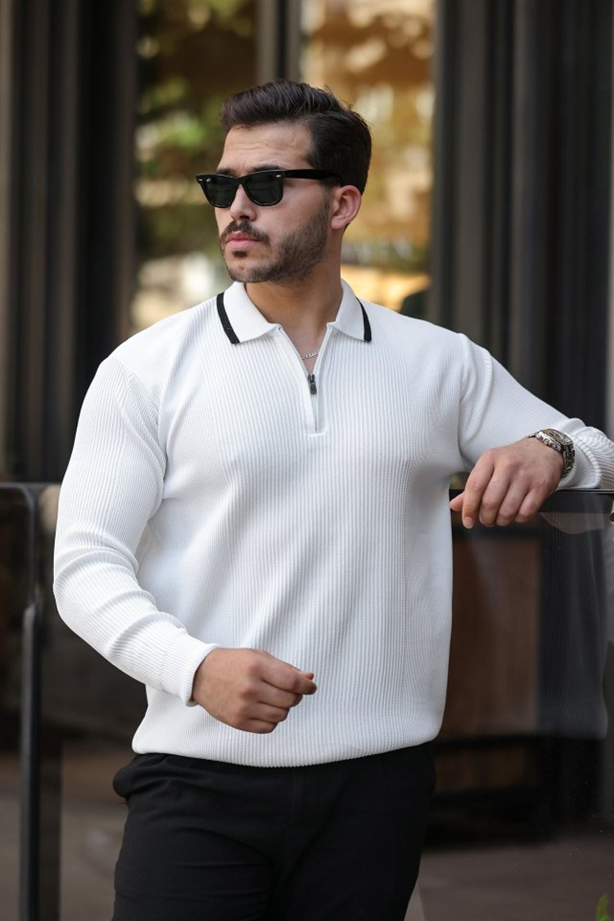 Erkek Yakaları çizgi Detaylı Selanik örme Triko