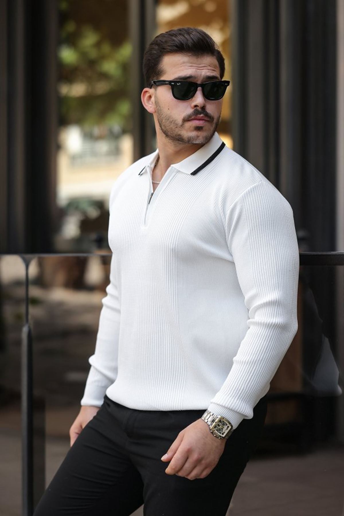 Erkek Yakaları çizgi Detaylı Selanik örme Triko