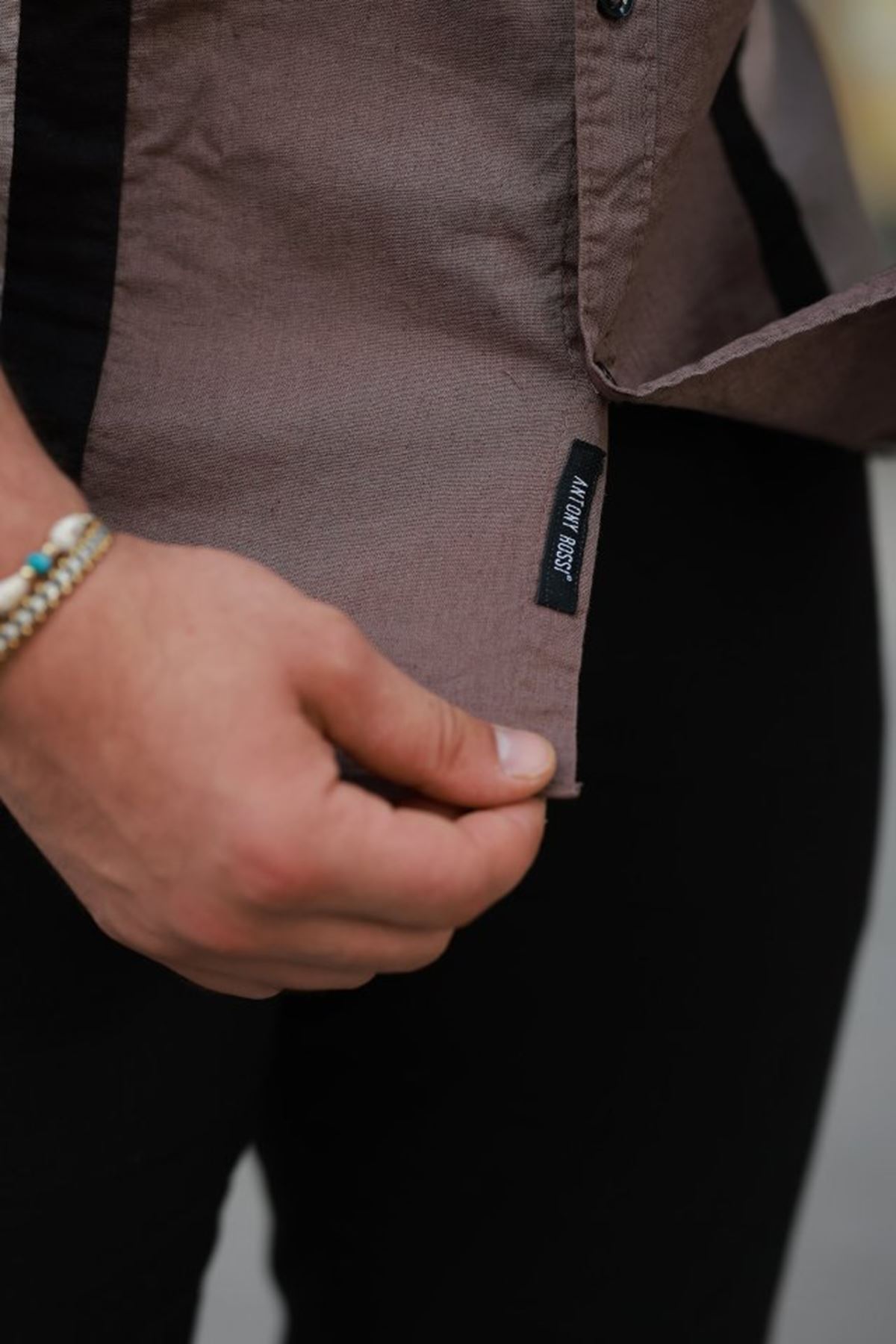 Erkek şerit Detaylı Uzun Kollu Pamuklu Keten Gömlek