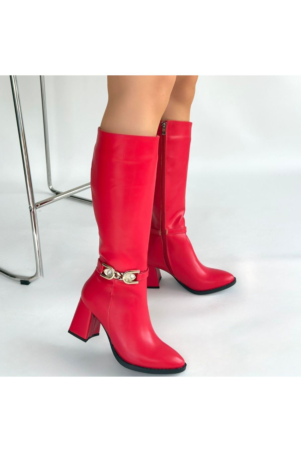 Mooni Kırmızı Cilt Topuklu Çizme