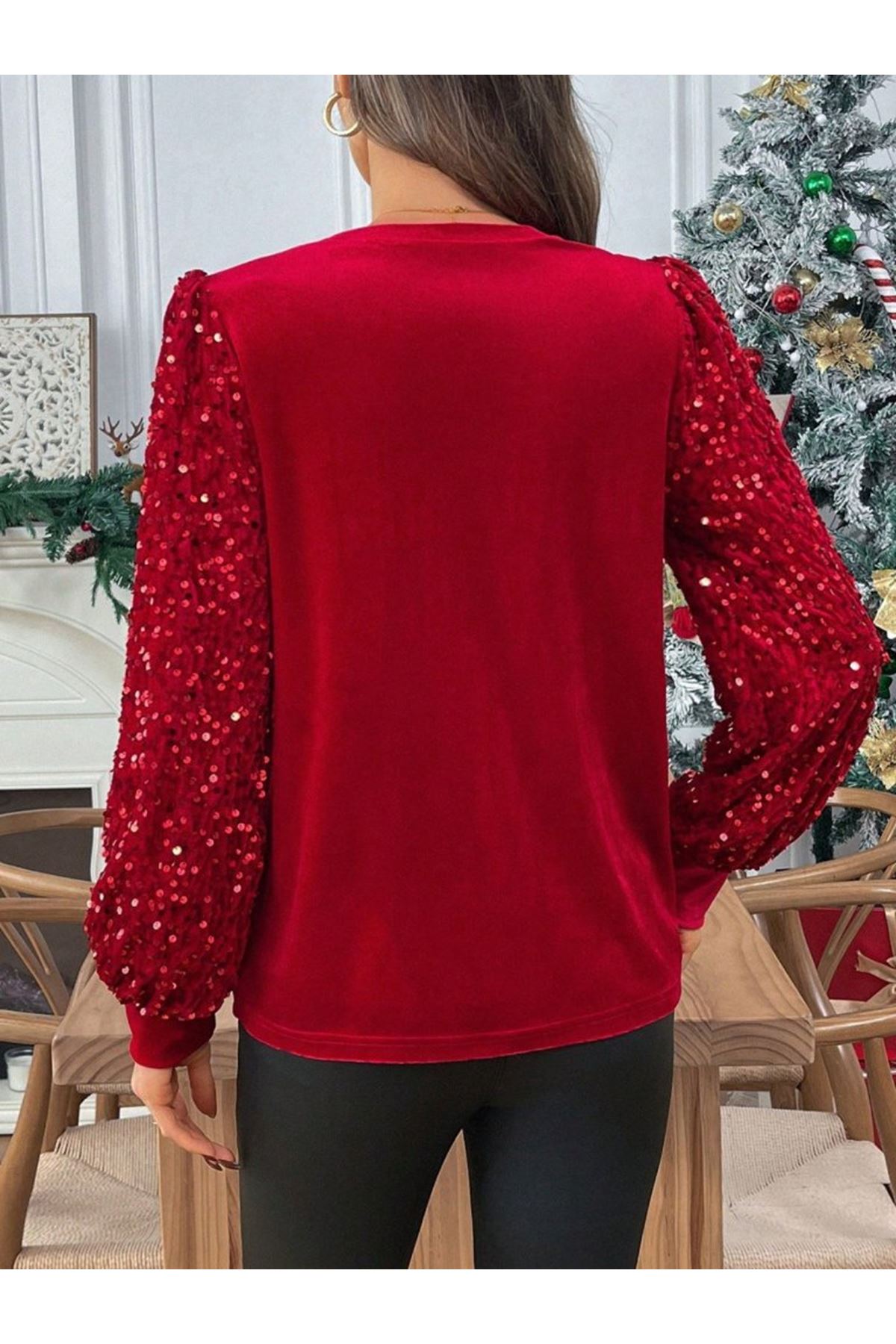 Kadın Uzun Kollu Bisiklet Yaka Kollar Pulpayet Kadife Bluz