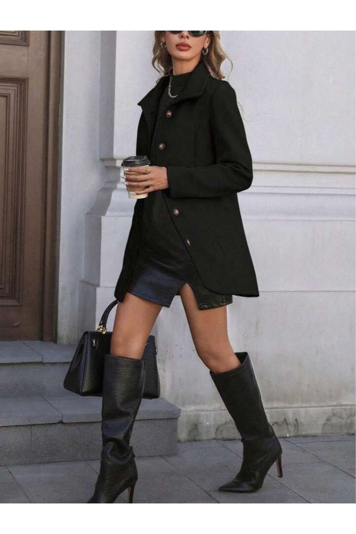 Kadın Uzun Kollu Yakalı önden Düğmeli Astarsız Ithal Kaşe Kaban