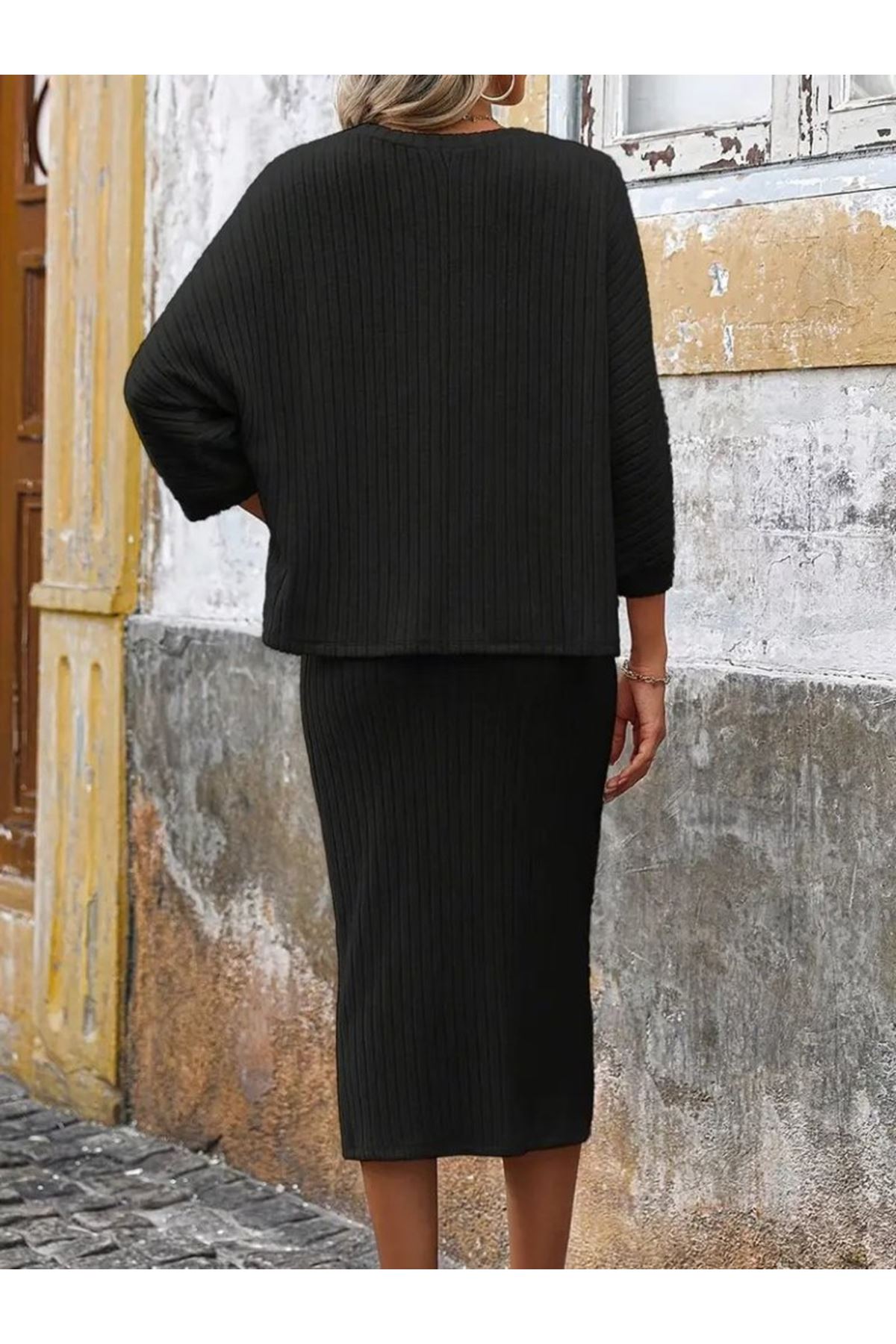 Kadın Uzun Kollu Yuvarlak Yakalı şardonlu Kaşkorse Bluz Ve Etek Ikili Takım