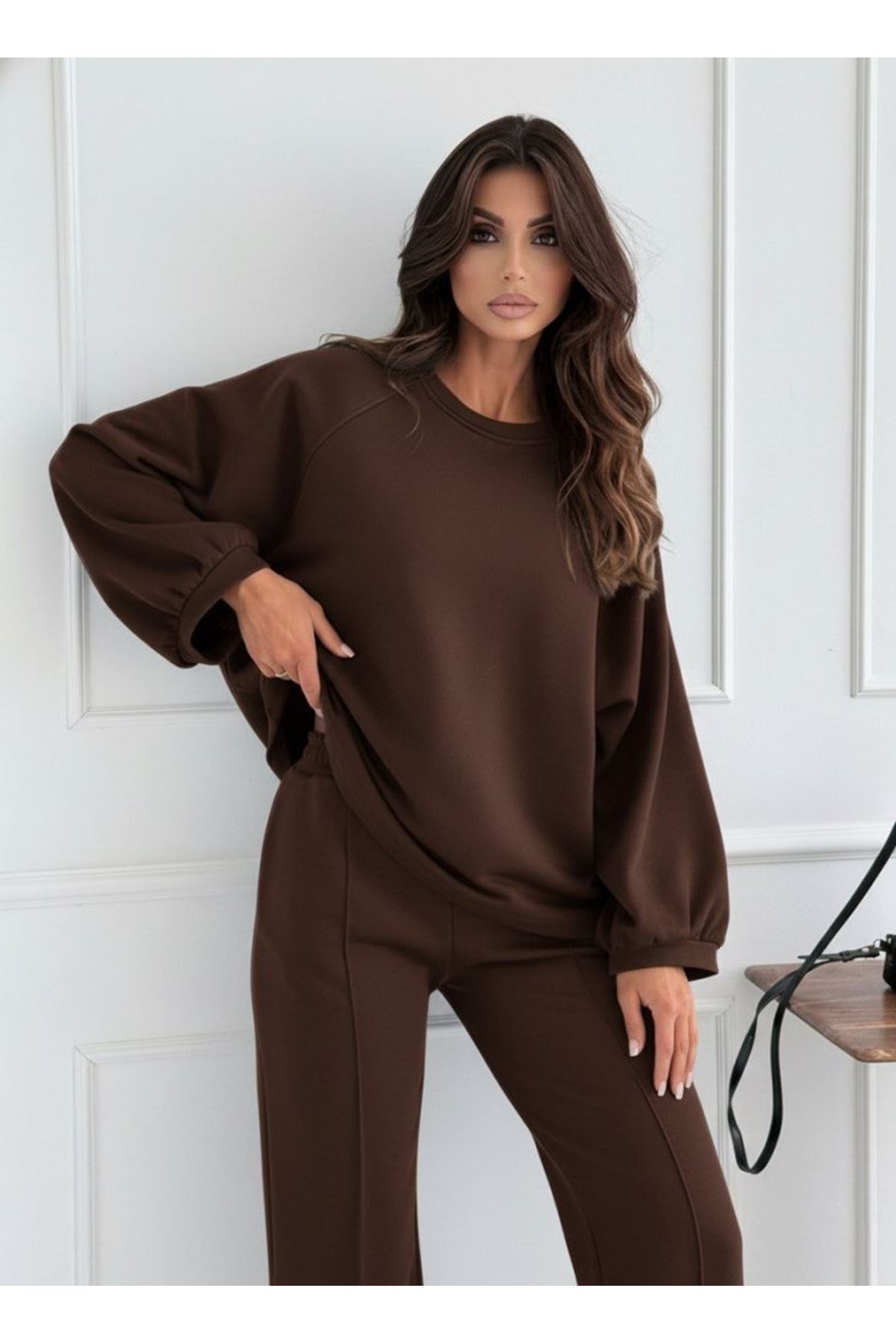 Kadın Uzun Kollu Geniş Kesim Modal Bluz Ve Pantolon Ikili Takım