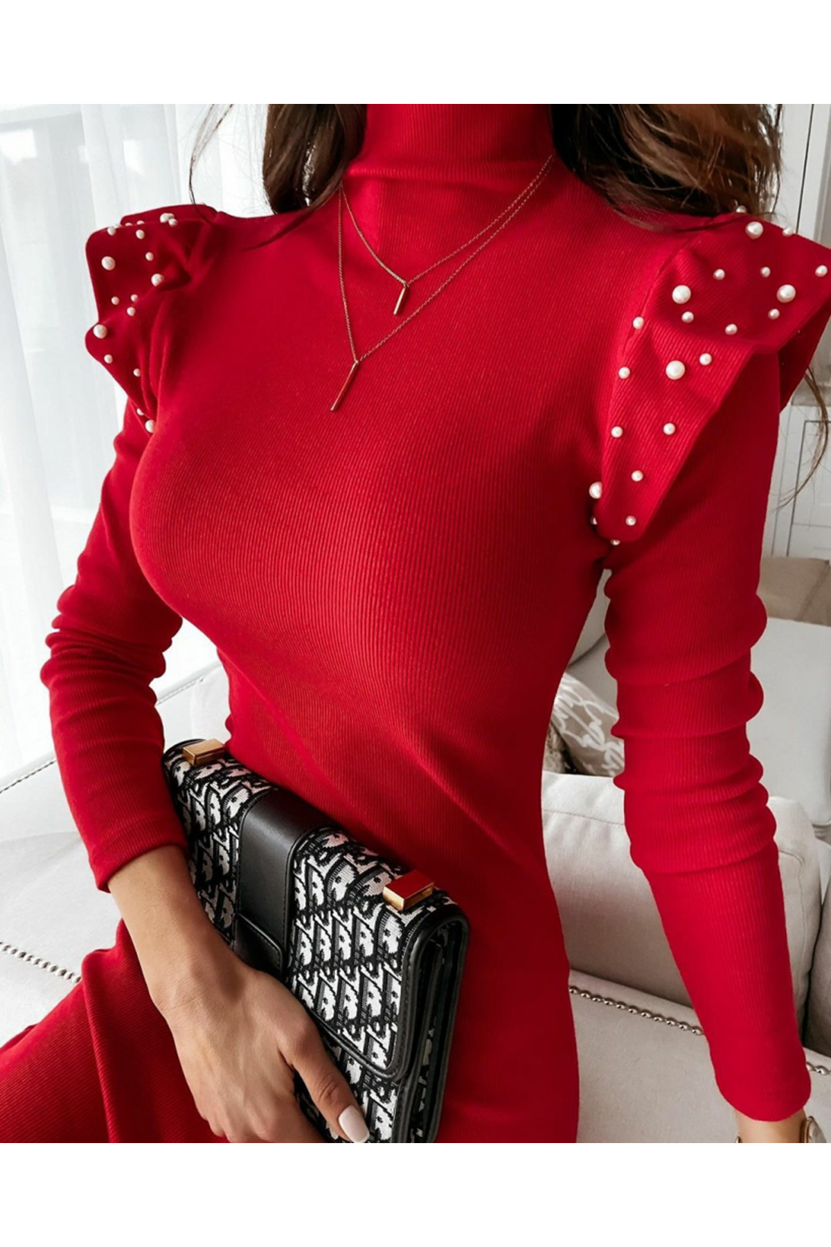 Kadın Uzun Kollu Balıkçı Yaka Omuzlarda Pile Inci Detay Kaşkorse Elbise