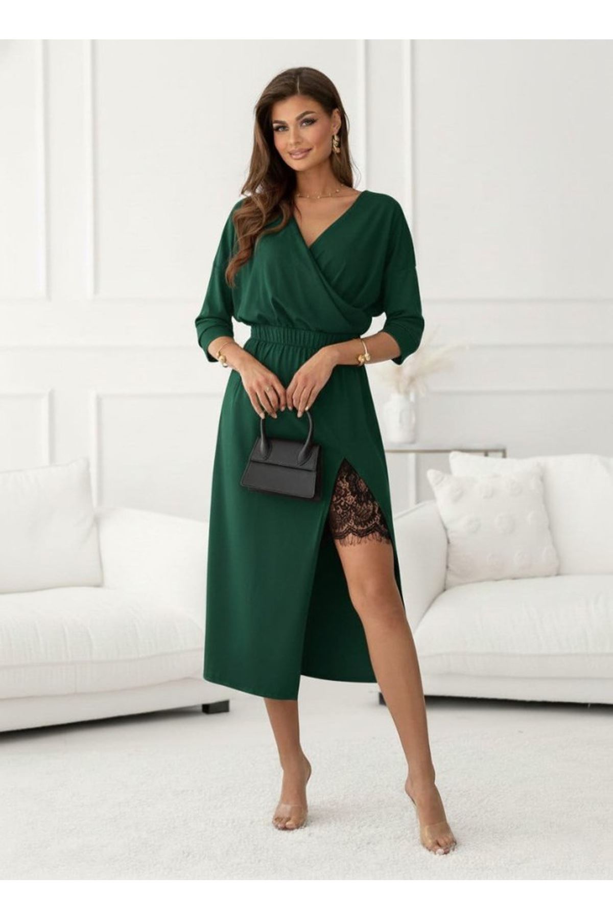 Kadın Uzun Kollu Kruvaze Yakalı Yandan Dantelli Midi Ithal Krep Elbise