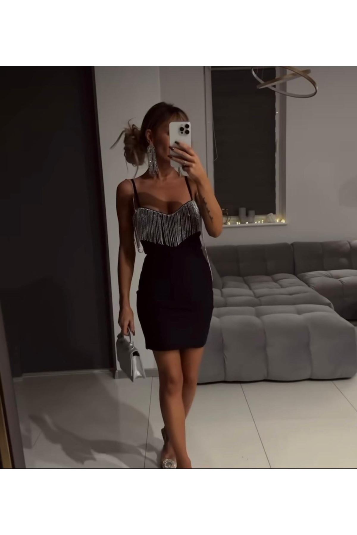 Kadın Omuz Askılı Taş Detay Mini Elbise