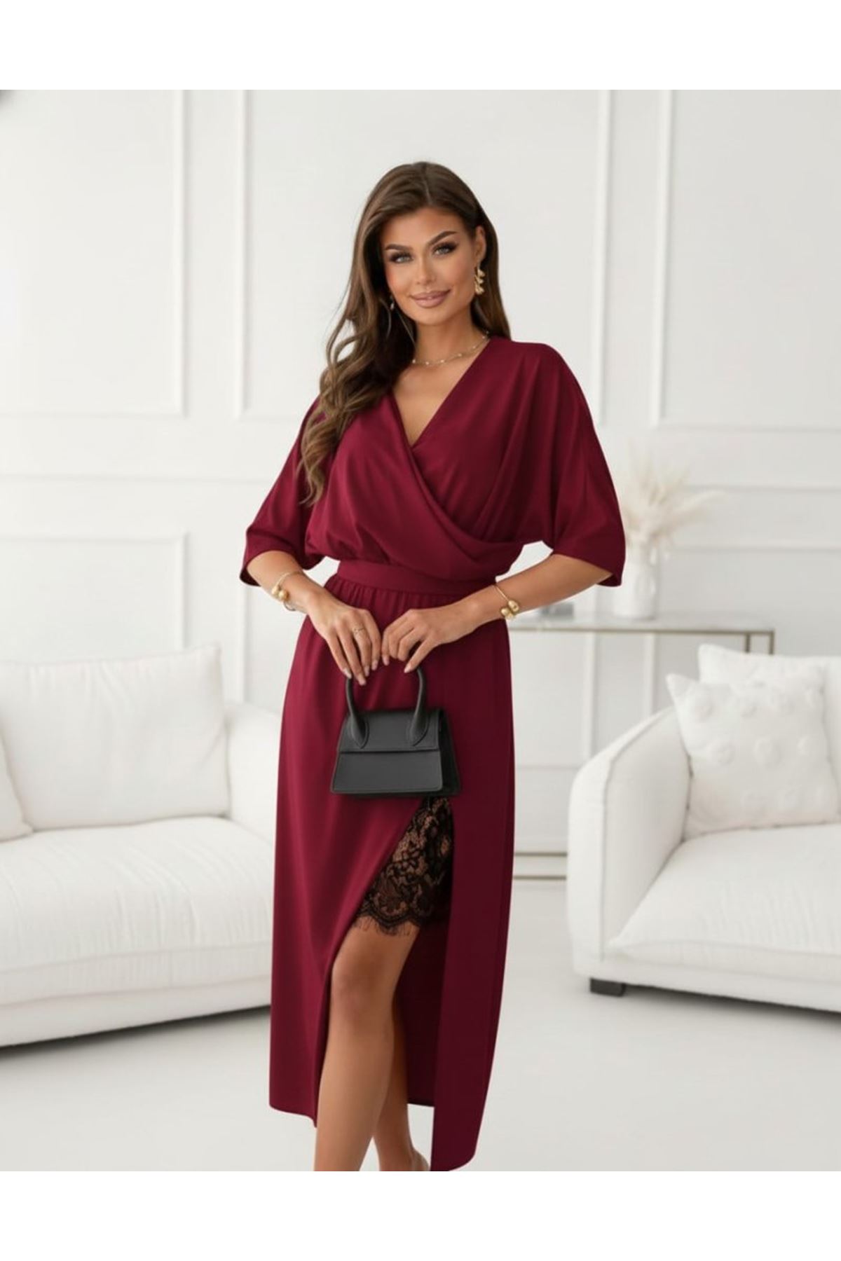 Kadın Uzun Kollu Kruvaze Yakalı Yandan Dantelli Midi Ithal Krep Elbise