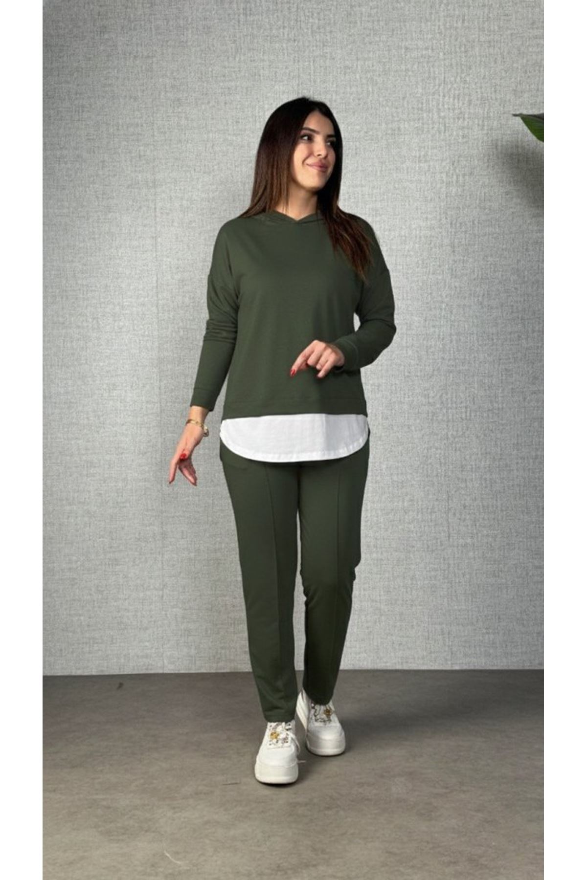 Kadın Uzun Kollu Kapşonlu Bağcıklı Viskon Iki Iplik Bluz Ve Pantolon Ikili Takım