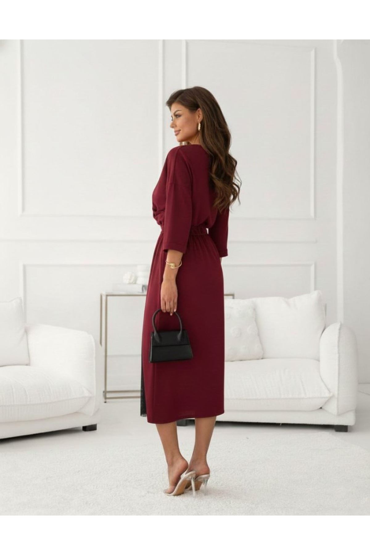 Kadın Uzun Kollu Kruvaze Yakalı Yandan Dantelli Midi Ithal Krep Elbise