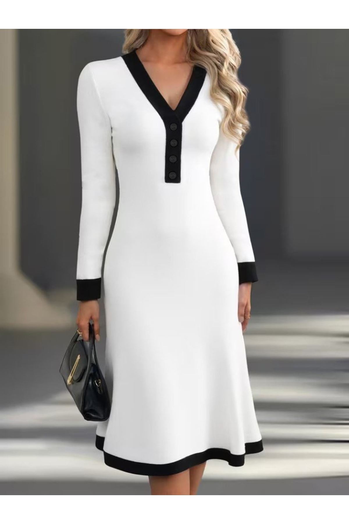 Kadın Uzun Kollu V Yakalı Düğmeli Midi Modal Elbise